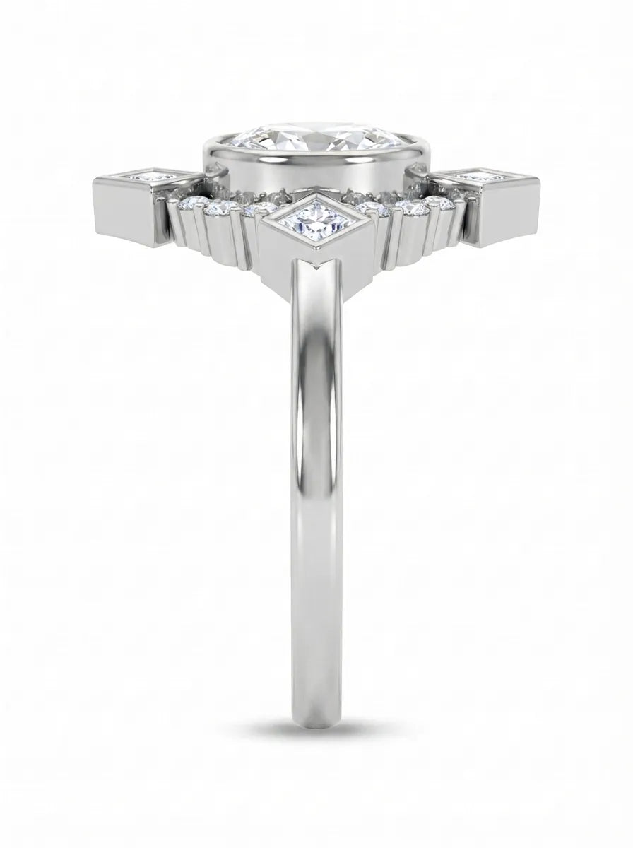 Oval cut lab grown diamond engagement ring with princess and round diamond geometric halo in white gold
