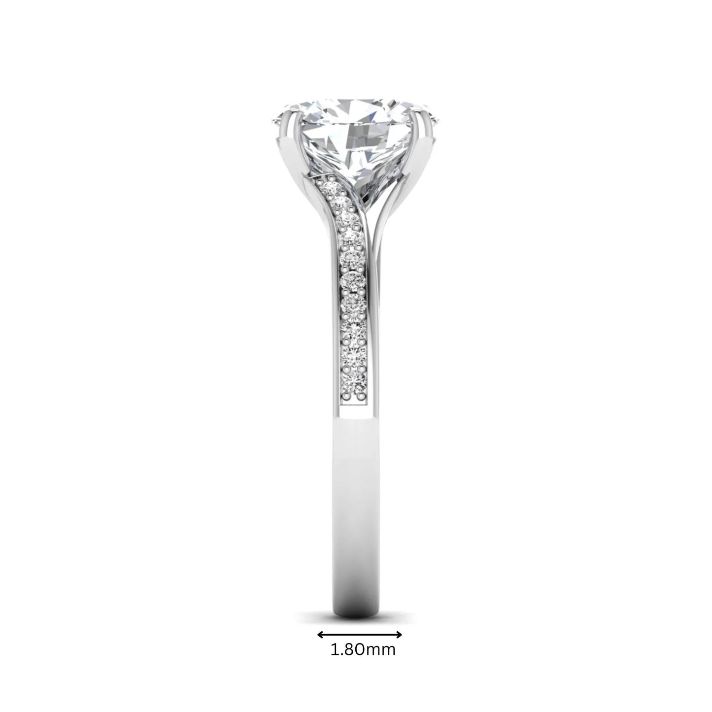 IGI Certified 1.86 carat Oval cut lab grown diamond solitaire engagement ring with round pave diamond band in white gold.