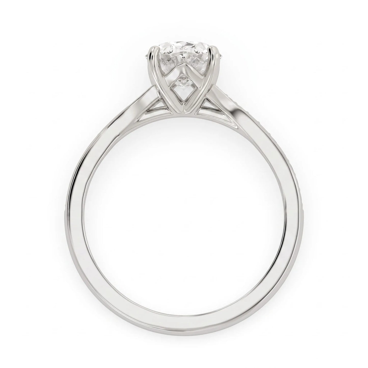 IGI Certified 1.86 carat Oval cut lab grown diamond solitaire engagement ring with round pave diamond band in white gold.