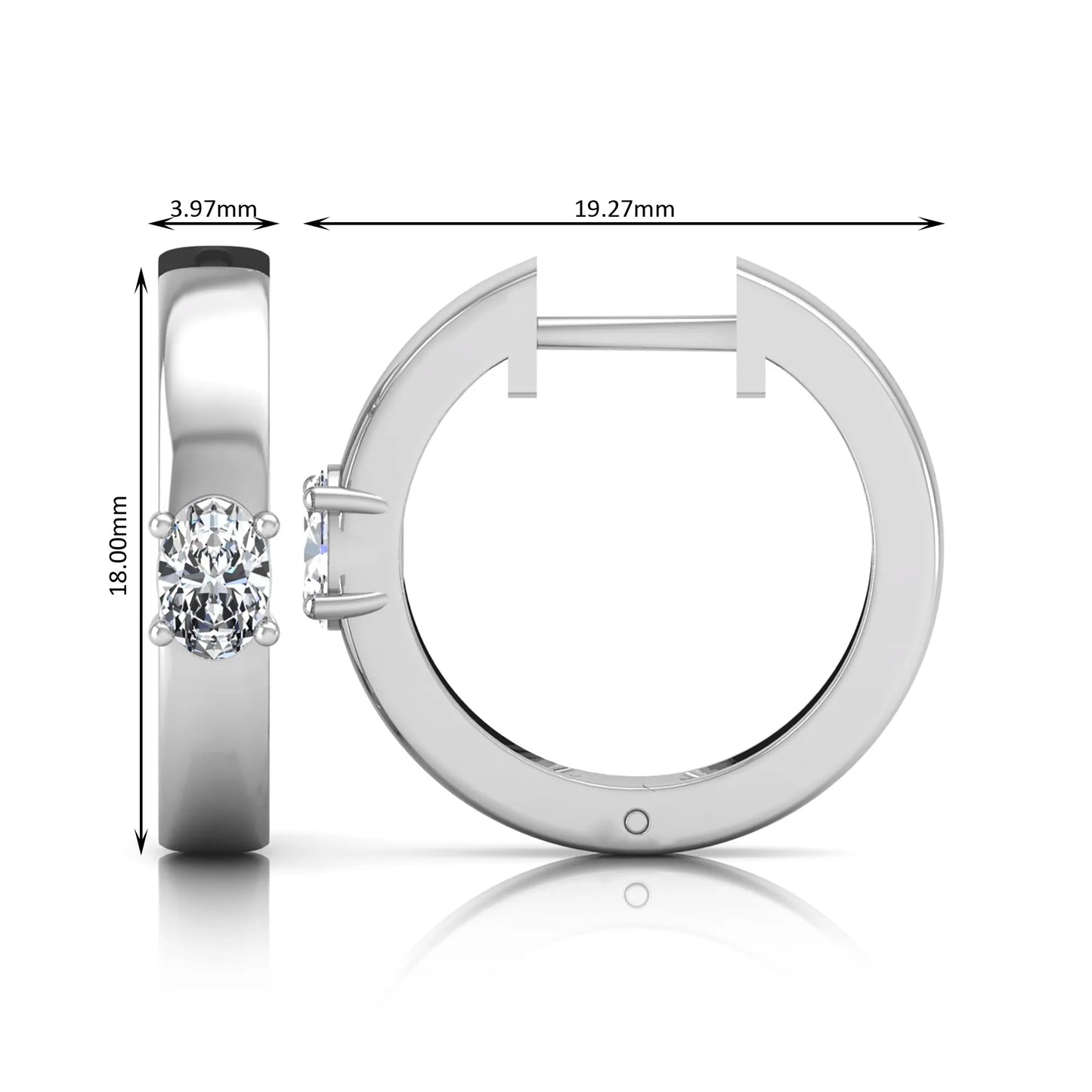 Oval cut lab grown diamond huggie hoop earrings featuring a classic four prong setting and hinged snap closure shown in white gold tone with a polished finish.