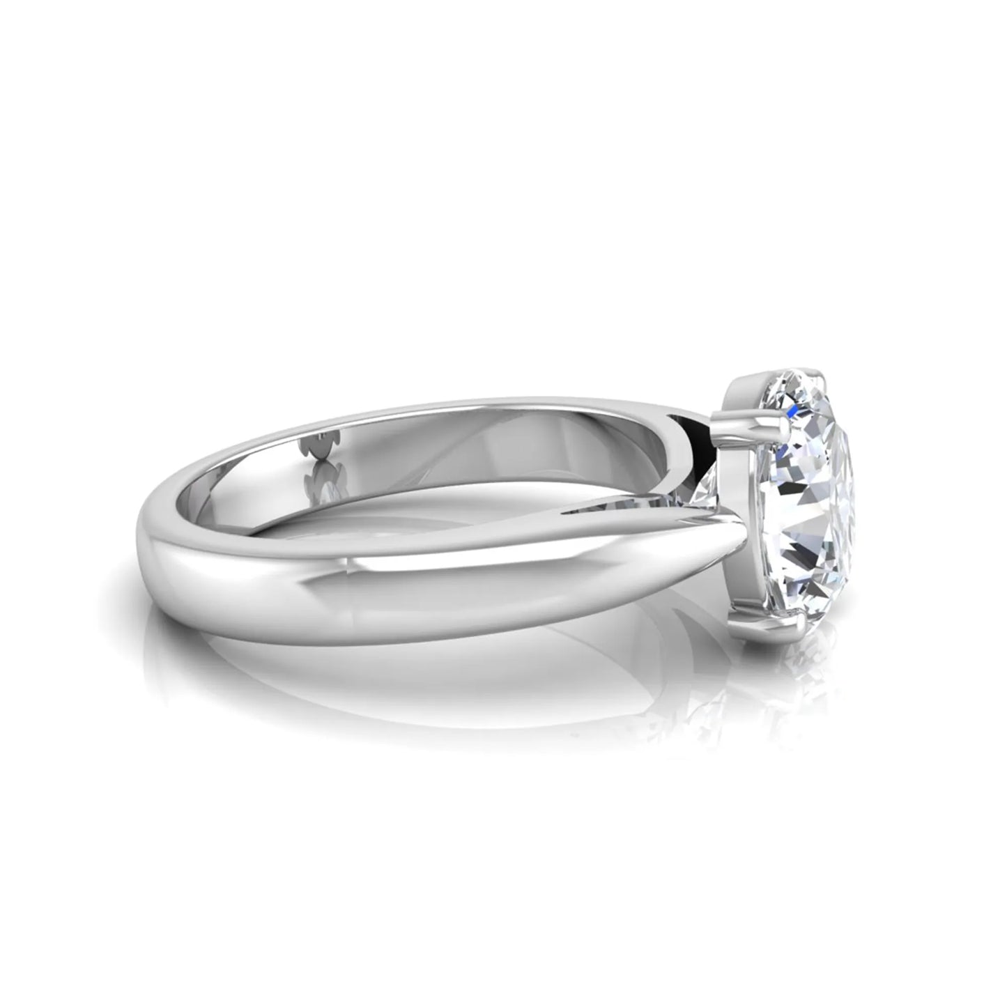 Oval cut lab grown diamond solitaire engagement ring with a four prong setting and white gold tone band.