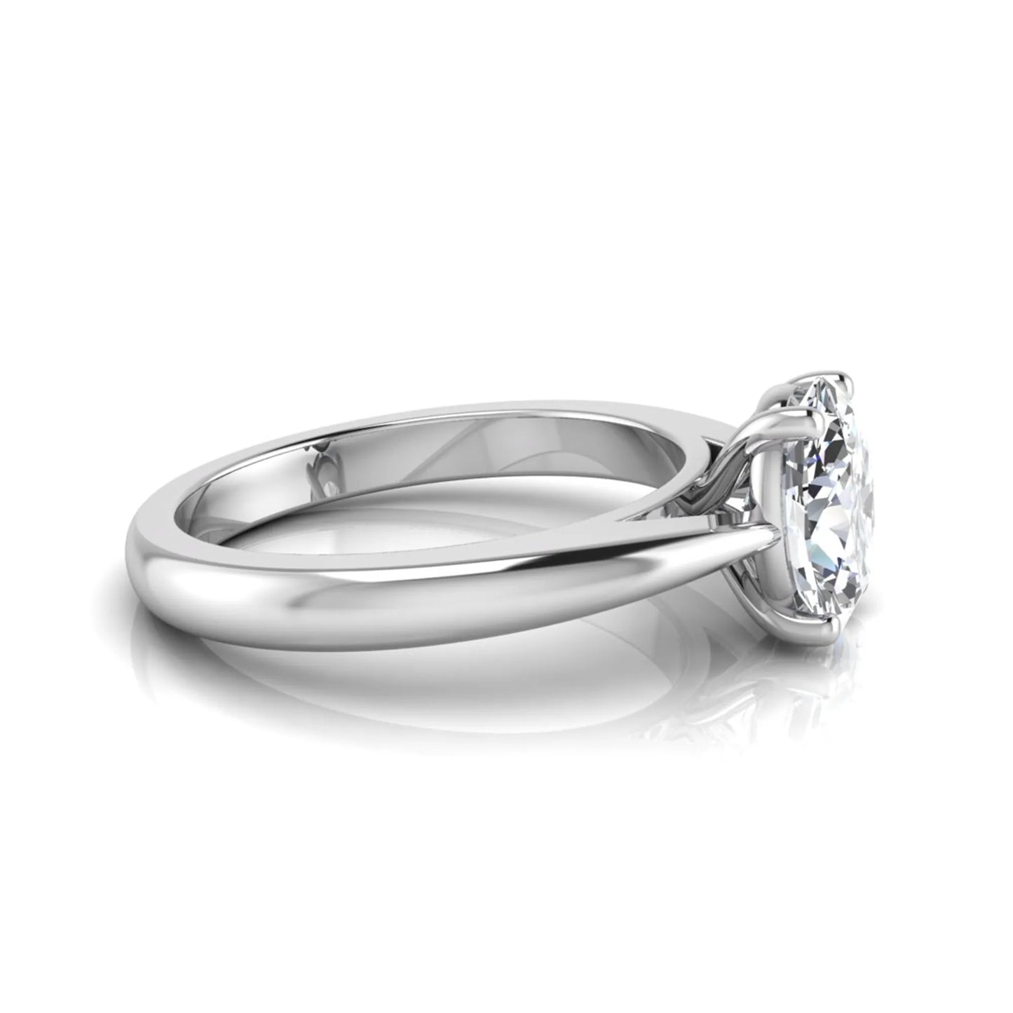 Oval cut lab grown diamond solitaire engagement ring featuring a classic four-prong setting with a polished white gold cathedral-style band.
