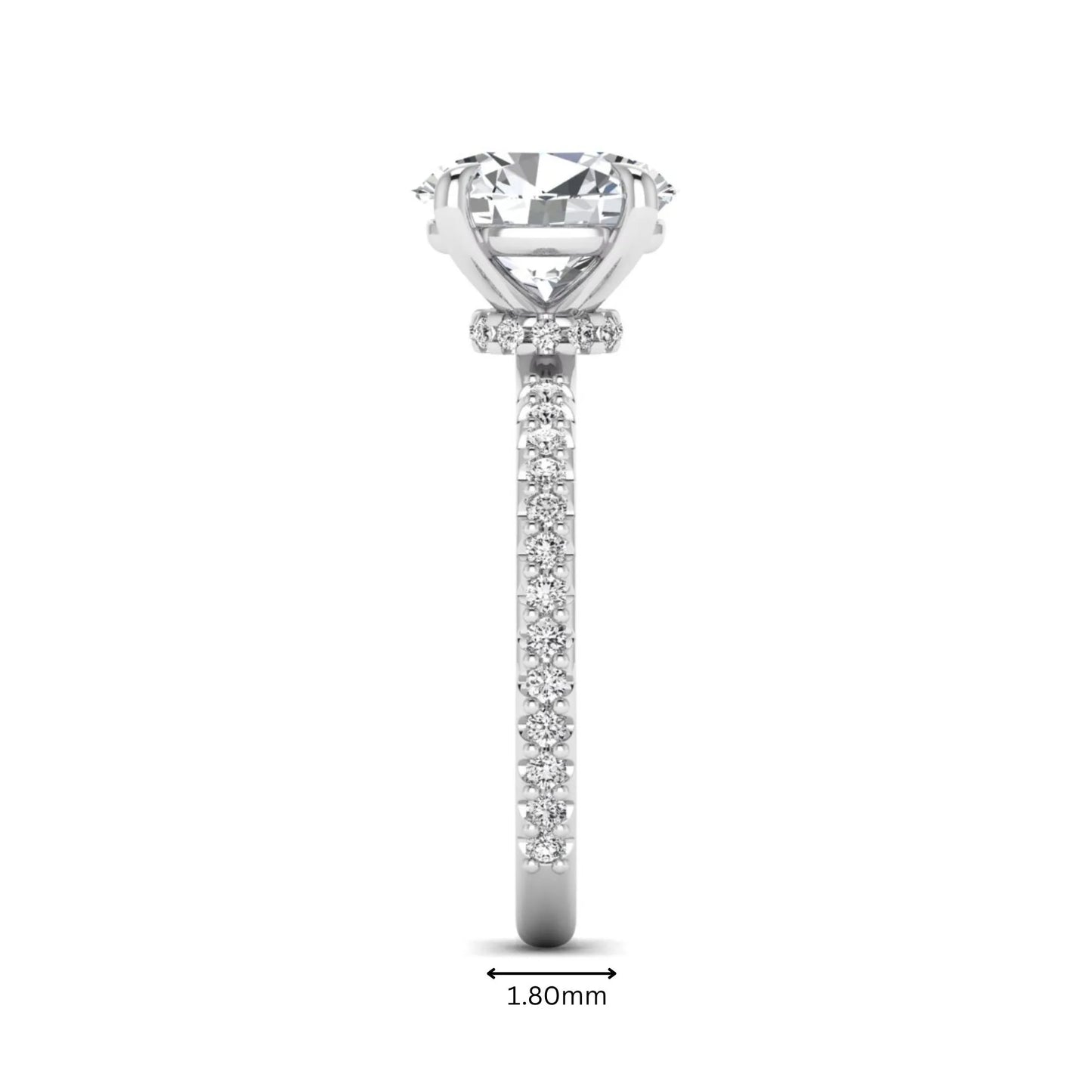 IGI Certified 1.90 carat oval cut lab grown diamond solitaire engagement ring with round pavé diamonds in white gold.
