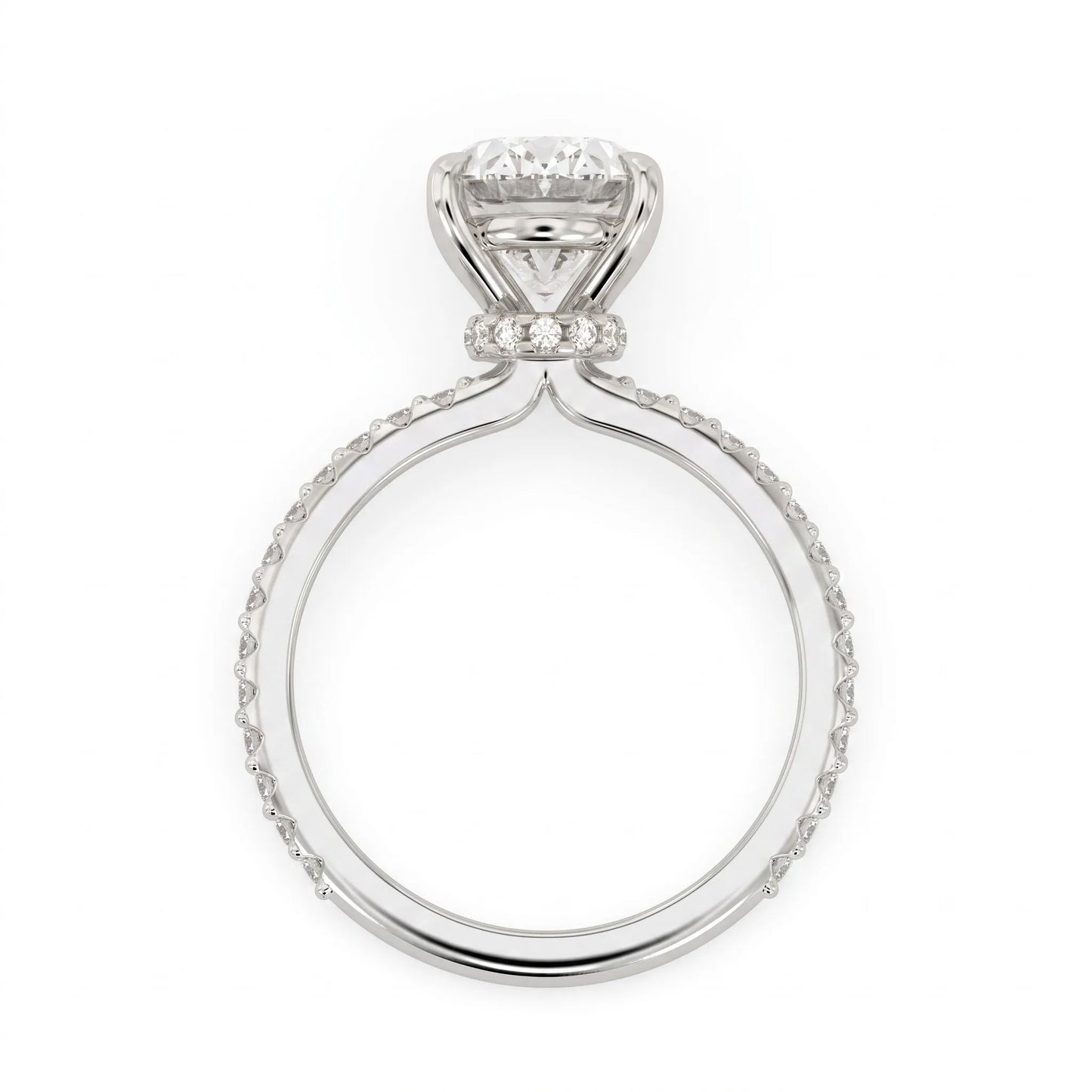 IGI Certified 1.90 carat oval cut lab grown diamond solitaire engagement ring with round pavé diamonds in white gold.