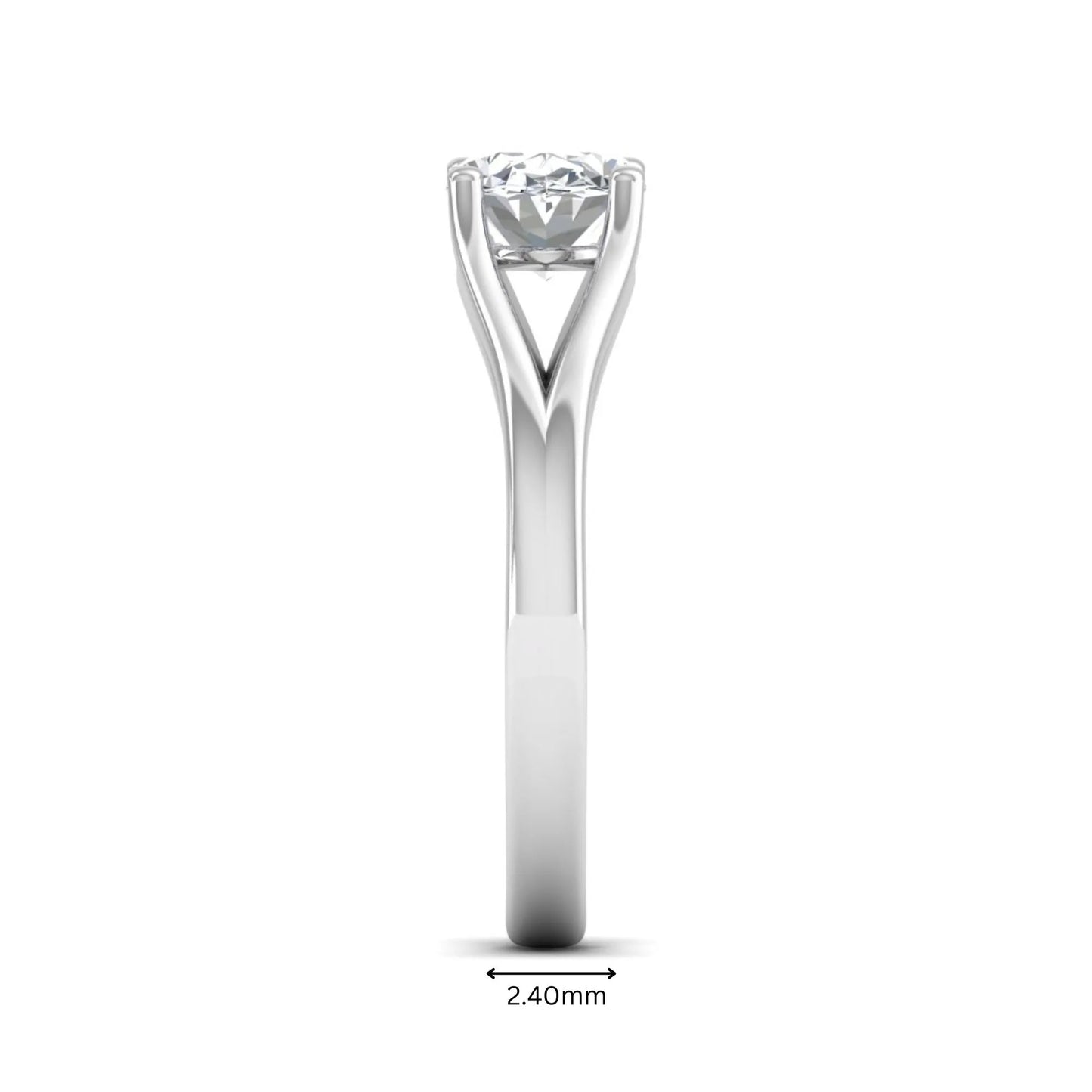 Oval Split Shank Lab Grown Diamond Engagement Ring featuring a 9.00 × 7.00 mm oval-cut center diamond in a four-prong setting with an elegant split shank band in white gold