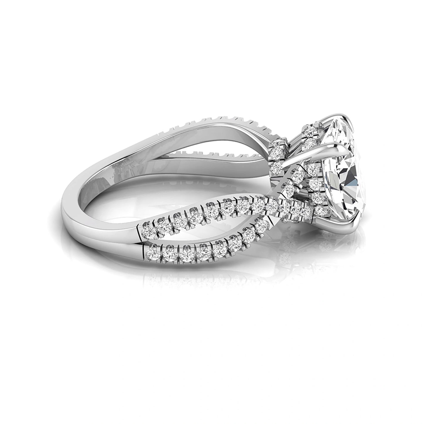 Oval cut lab grown diamond engagement ring featuring a four-prong setting, pavé split shank band, hidden accent diamonds, and a polished white gold tone finish.