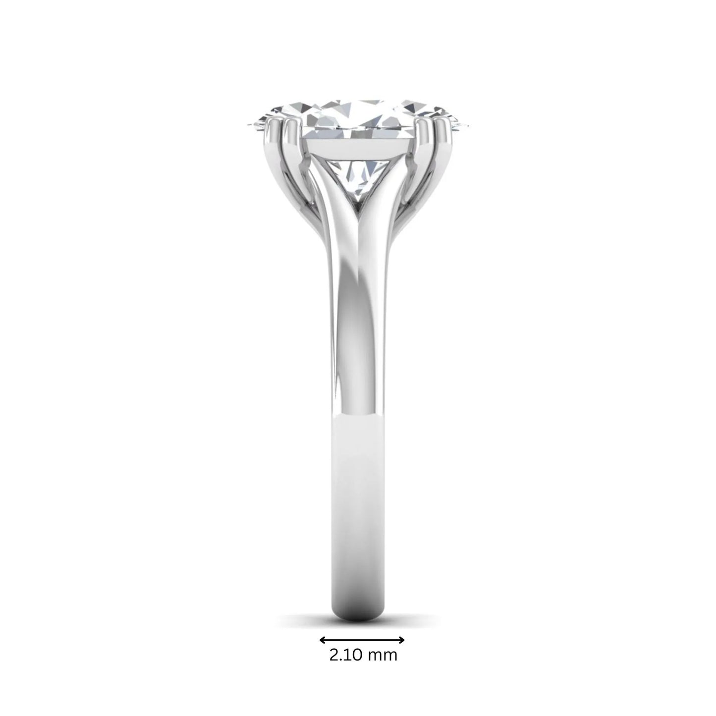 Oval cut lab grown diamond solitaire engagement ring with split shank design and white gold tone prong setting.