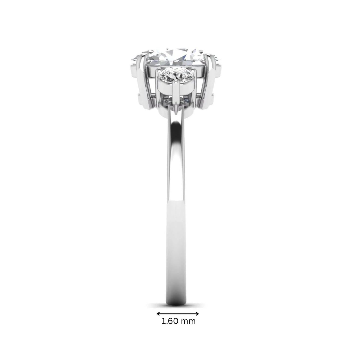 Oval cut three stone lab grown diamond engagement ring featuring a 1.21 carat IGI certified center diamond with round side diamonds in white gold.