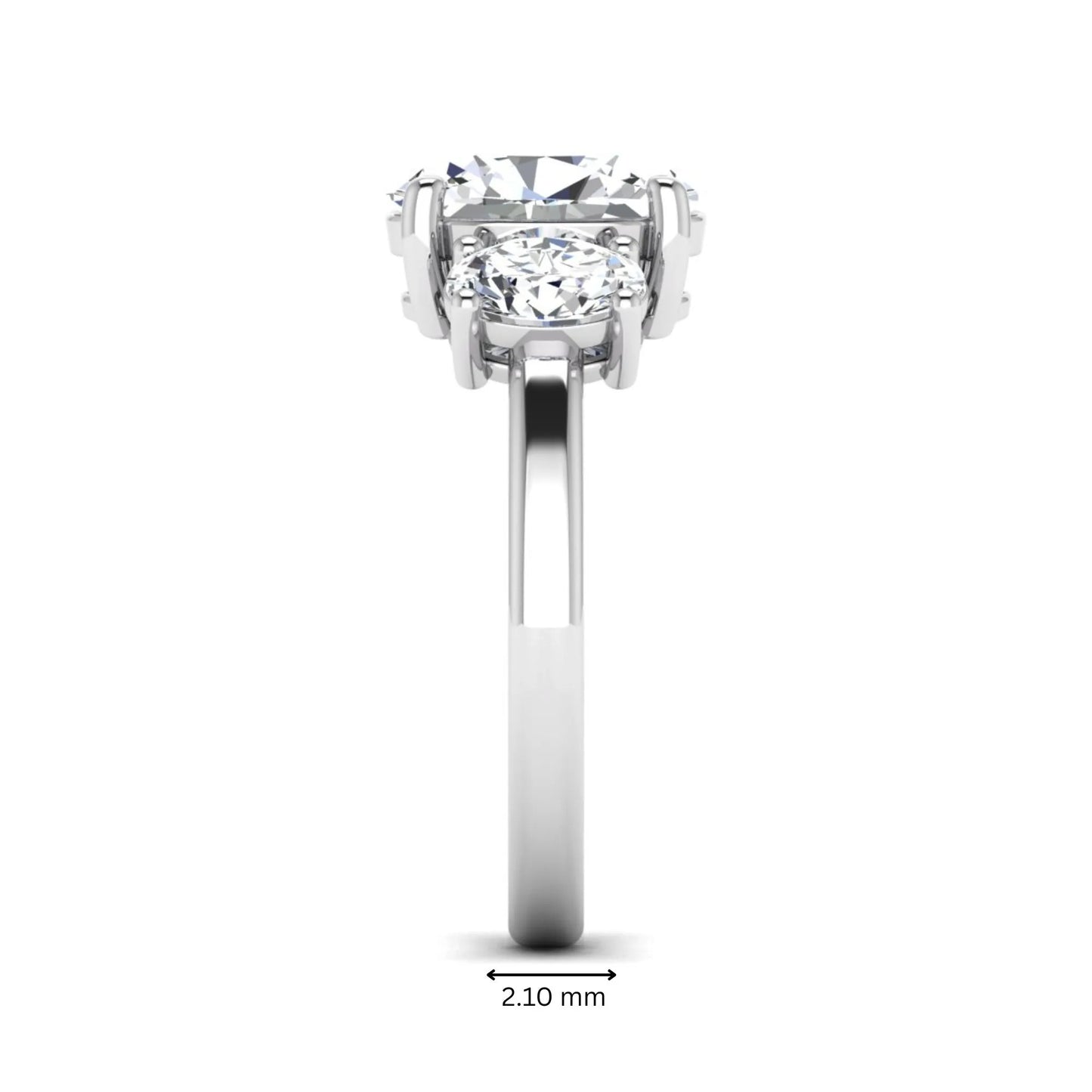 Oval cut three stone lab grown diamond engagement ring featuring an IGI certified center diamond with matching oval side diamonds in white gold.
