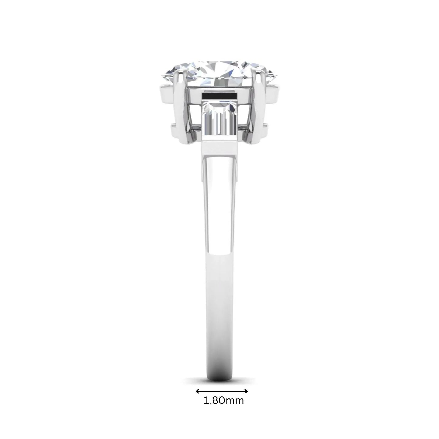 IGI Certified 1.86 carat oval cut lab grown diamond three stone engagement ring with baguette side diamonds in white gold.