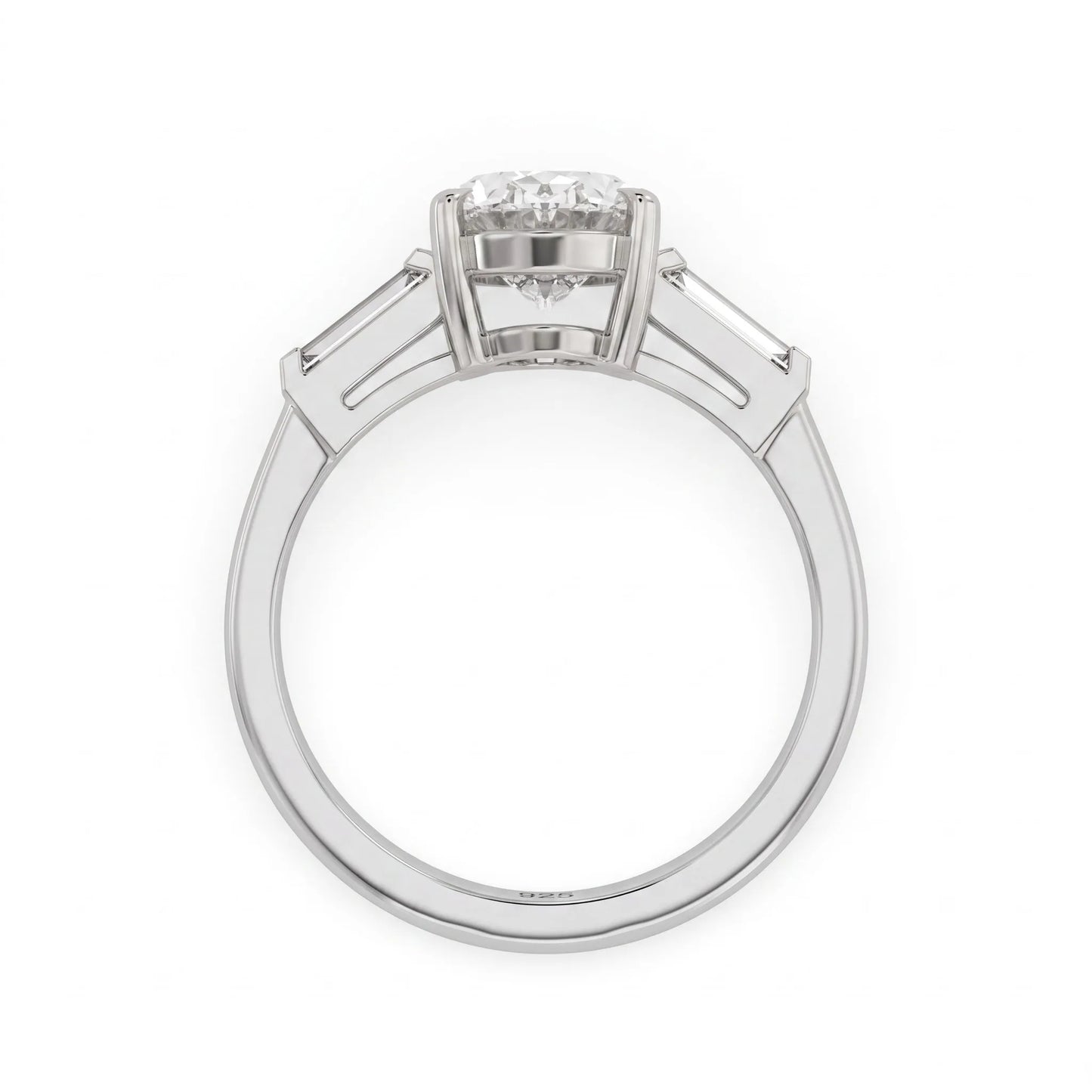 IGI Certified 1.86 carat oval cut lab grown diamond three stone engagement ring with baguette side diamonds in white gold.