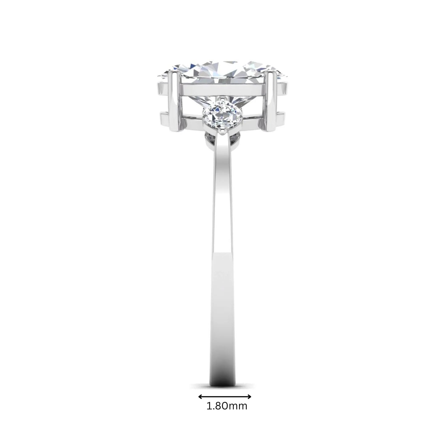 Oval cut lab grown diamond three stone engagement ring with marquise side diamonds in a prong setting featuring a white gold tone design.