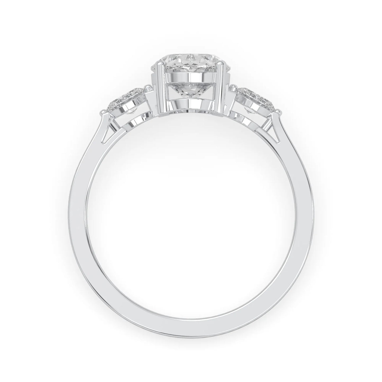 Oval cut lab grown diamond three stone engagement ring with marquise side diamonds in a prong setting featuring a white gold tone design.
