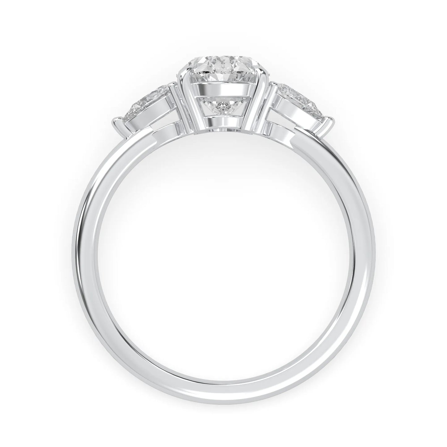 Oval cut lab grown diamond three stone engagement ring with pear side diamonds in a prong setting featuring a white gold tone design.