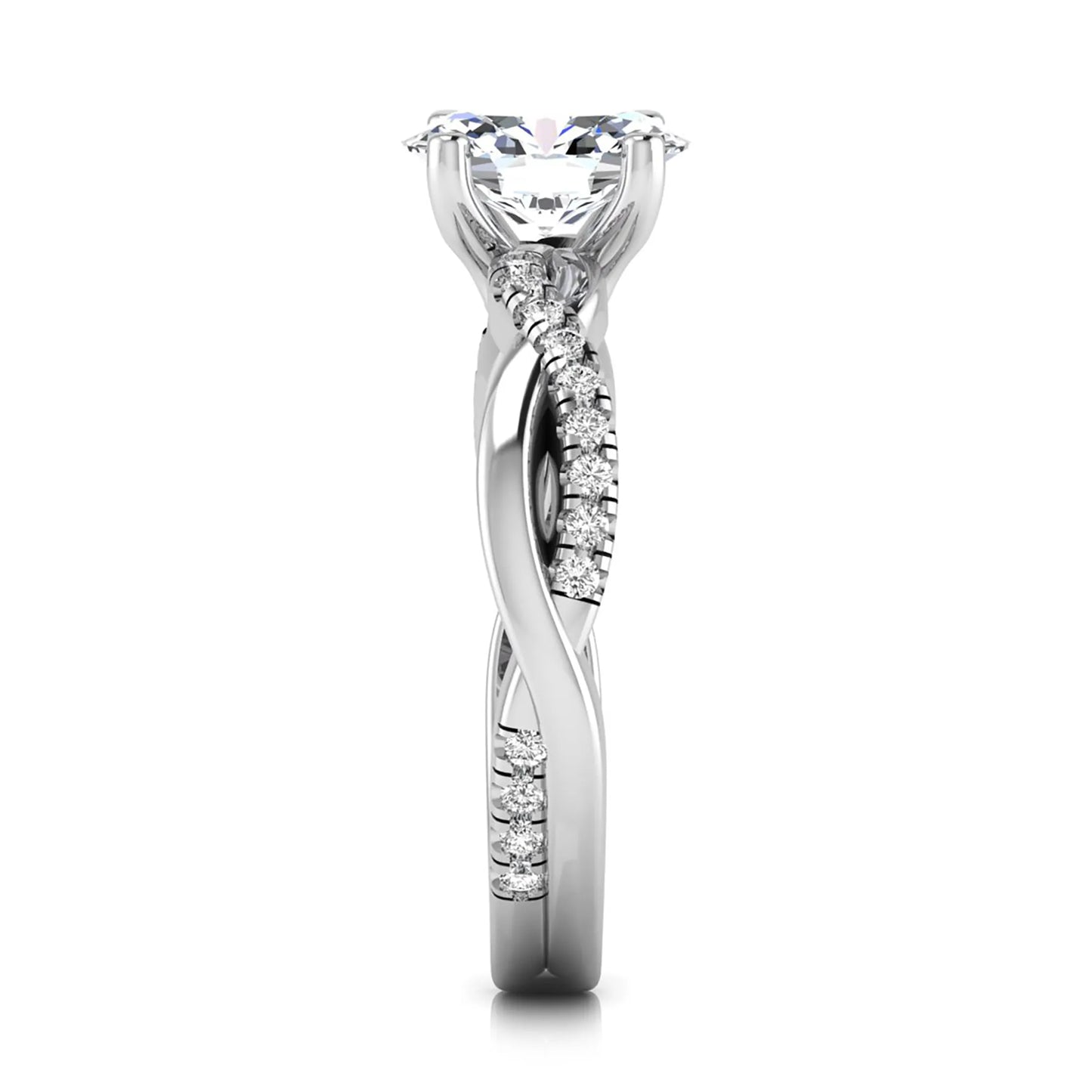 Oval cut lab grown diamond engagement ring featuring a 1.21 carat center diamond in a four-prong setting with a twisted pavé accent band and polished white gold finish.