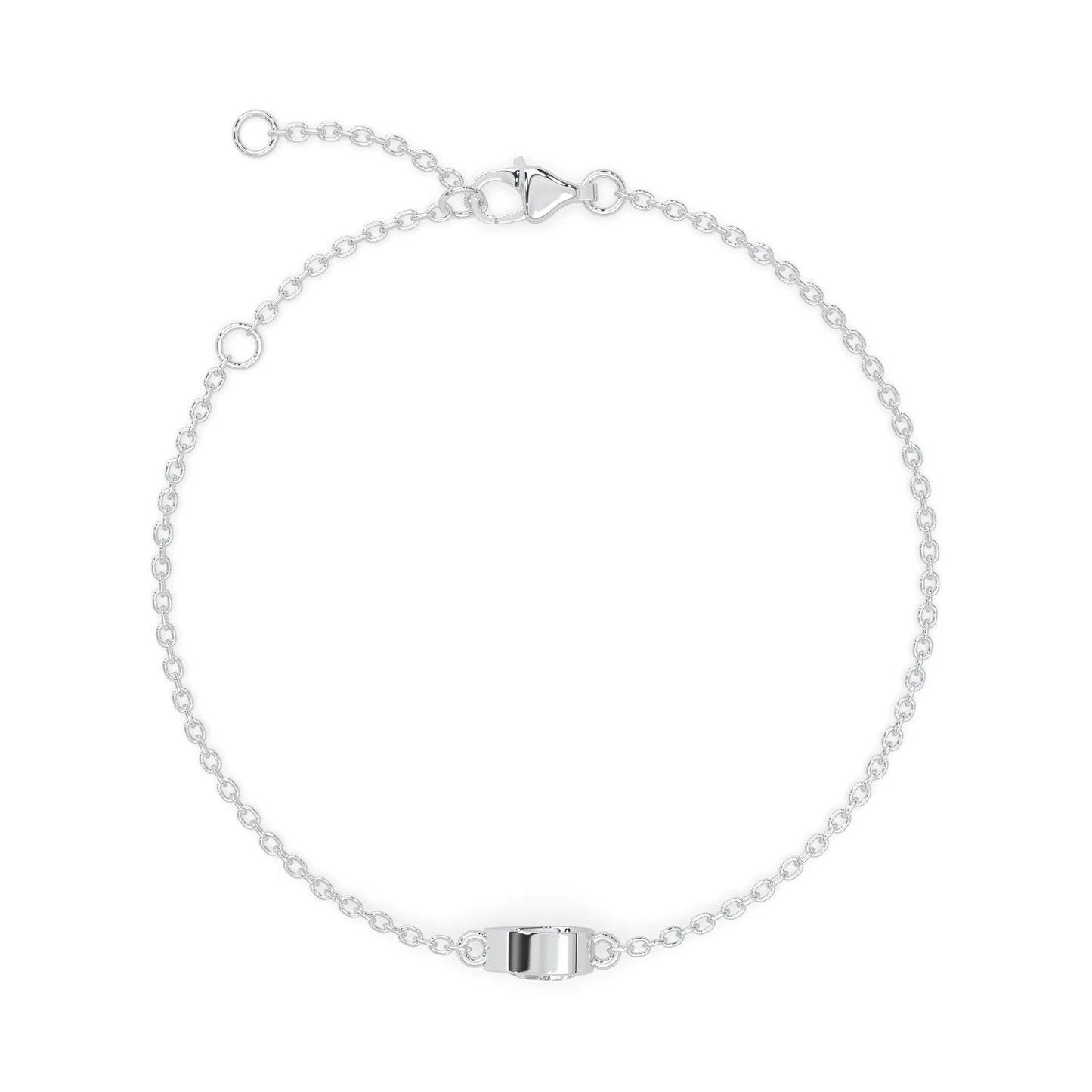 Pear cut lab grown diamond bezel set solitaire bracelet with delicate chain and lobster clasp in white gold tone.