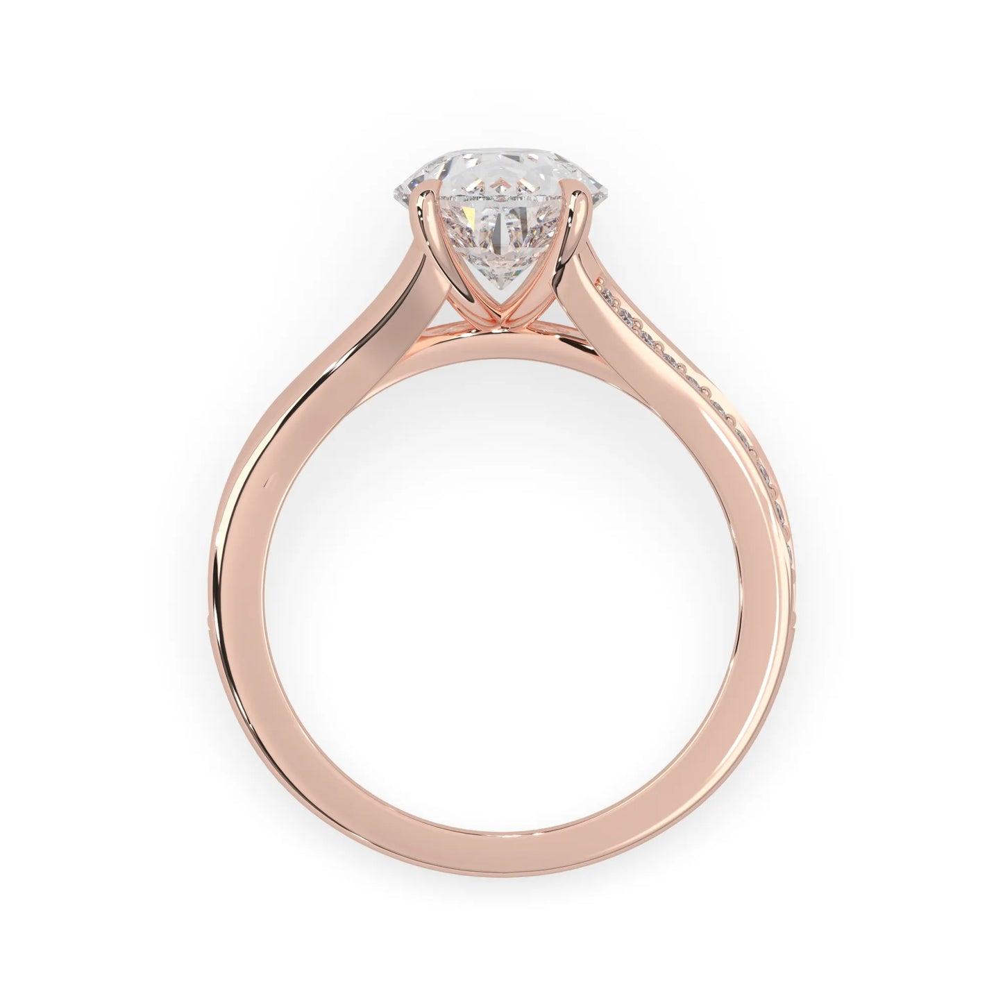 Pear cut lab grown diamond split shank engagement ring with diamond accented band in rose gold