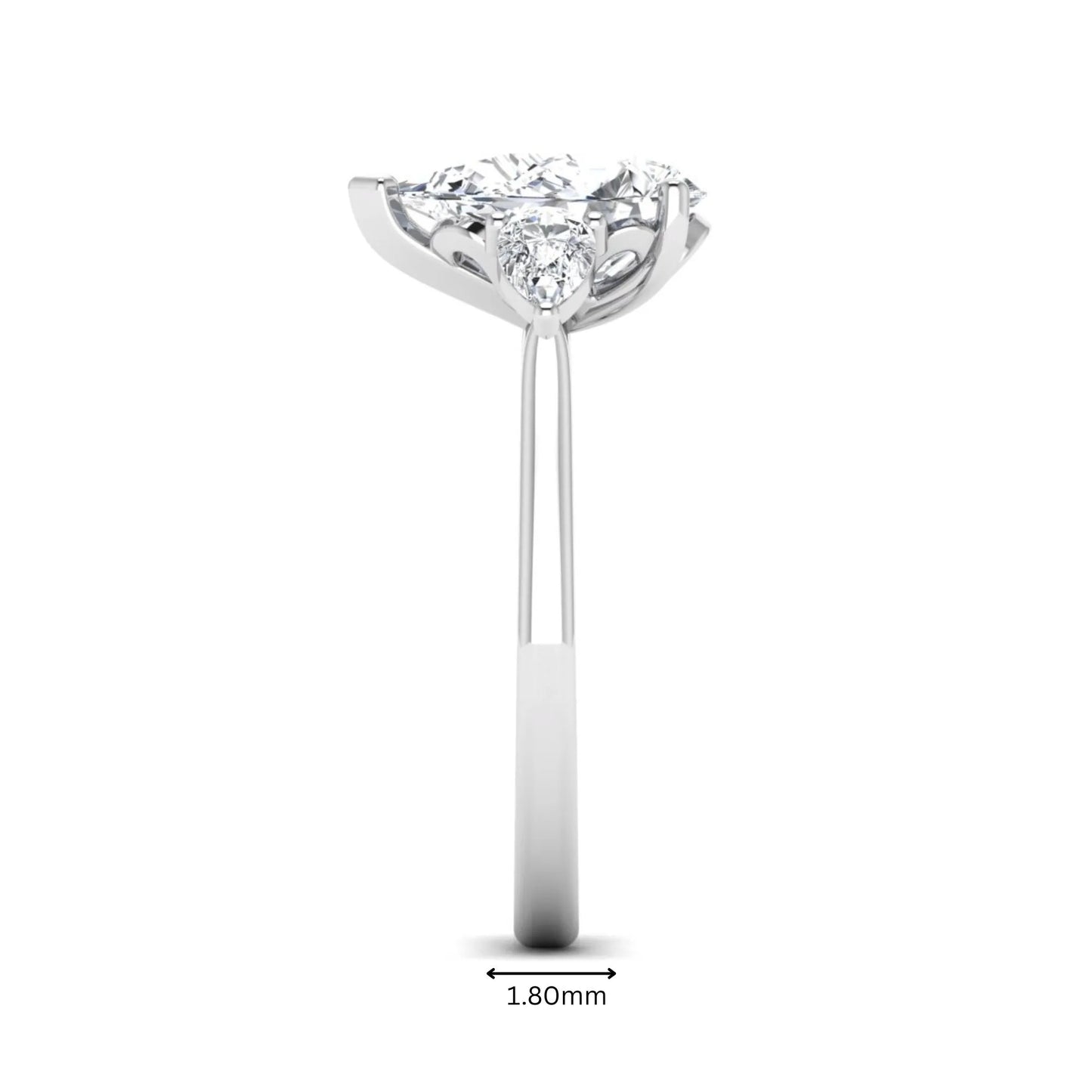 IGI certified pear cut lab grown diamond three stone engagement ring with pear side diamonds in white gold.