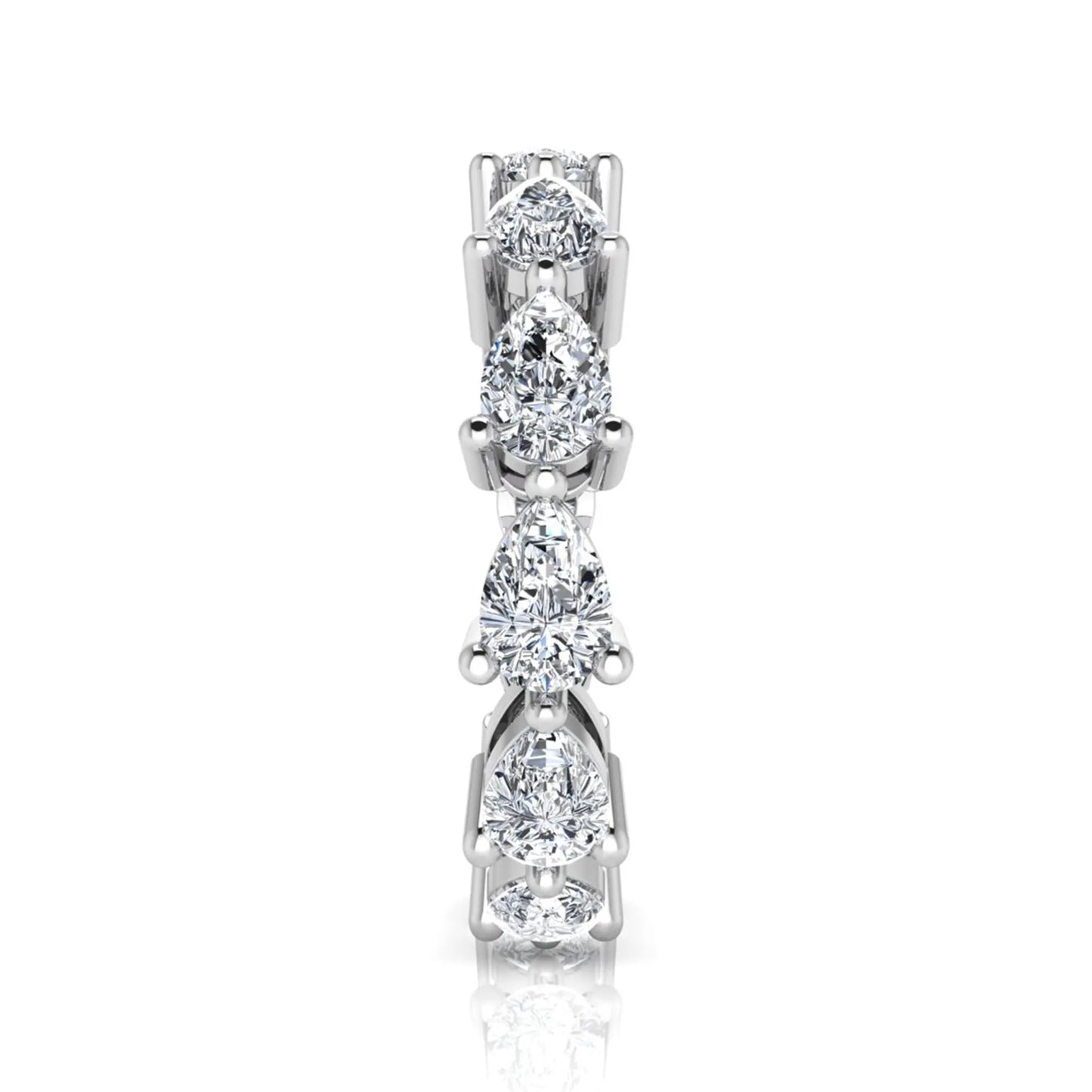 Pear cut lab grown diamond eternity band featuring 4.68 carats of pear-shaped diamonds in a shared-prong eternity setting with a polished white gold finish.