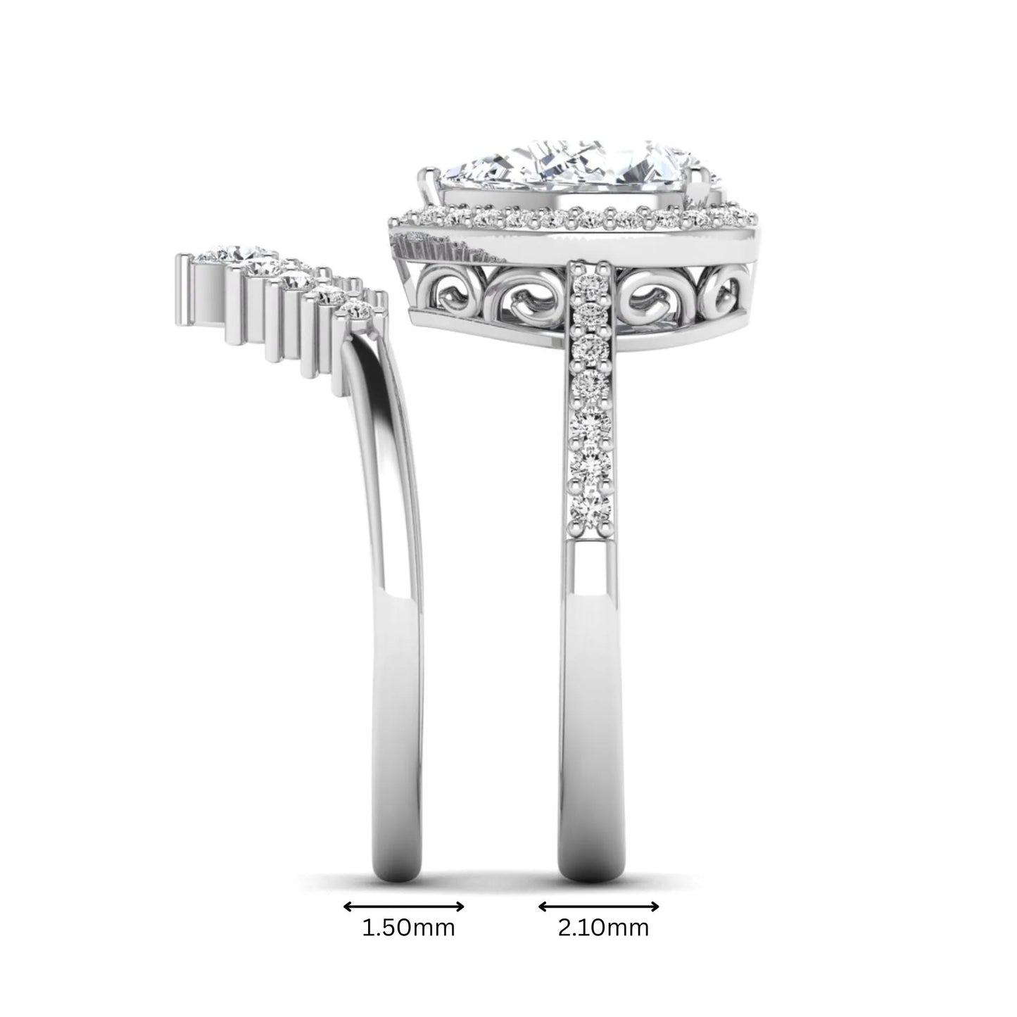 Pear Halo Crown Bridal Ring Set featuring a 10.00 × 7.00 mm pear-cut lab grown diamond with a pear-shaped halo, tiara-inspired crown diamond accents, cathedral pavé engagement ring, and matching contoured double-row pavé wedding band in white gold