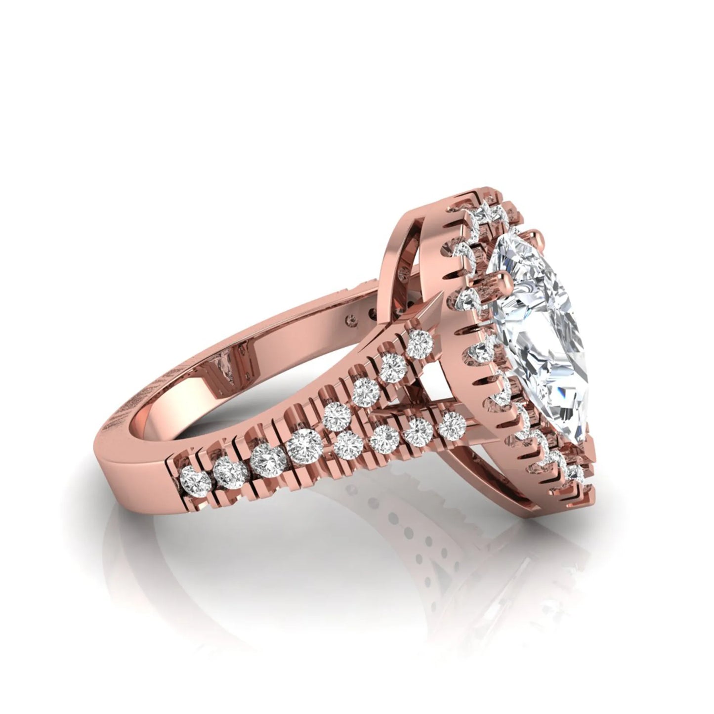 Pear cut halo lab grown diamond engagement ring with round accent diamonds and split shank design in rose gold metal tone