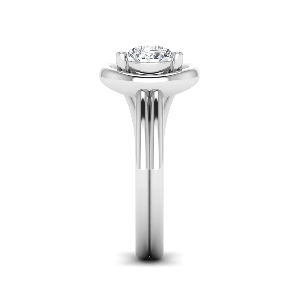 Pear cut lab grown diamond open frame solitaire engagement ring in a white gold teardrop setting
