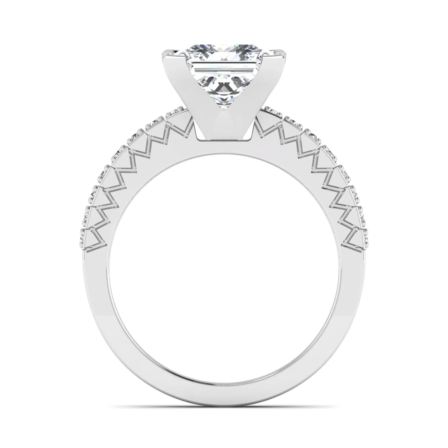 Princess cut lab grown diamond engagement ring featuring a four-prong setting with round accent diamonds on a geometric white gold style band.