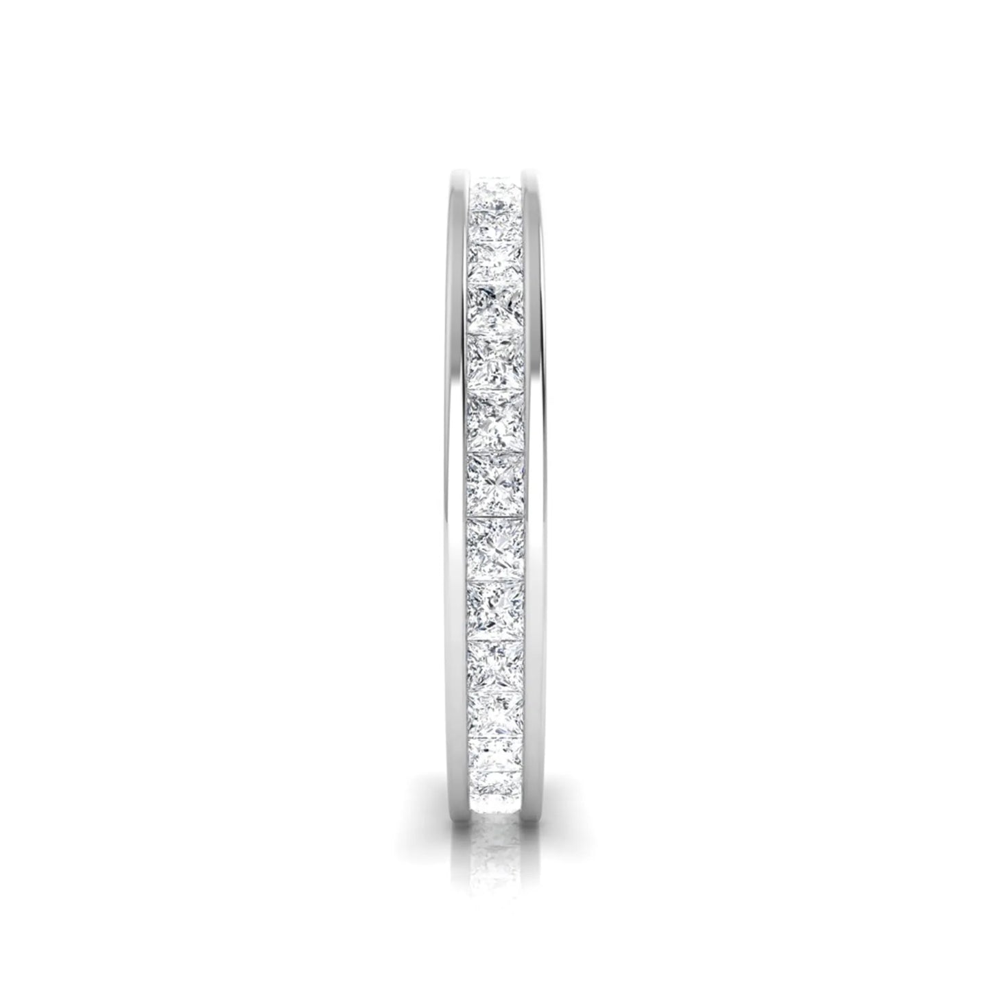 Princess cut channel set lab grown diamond eternity band ring with white gold tone design
