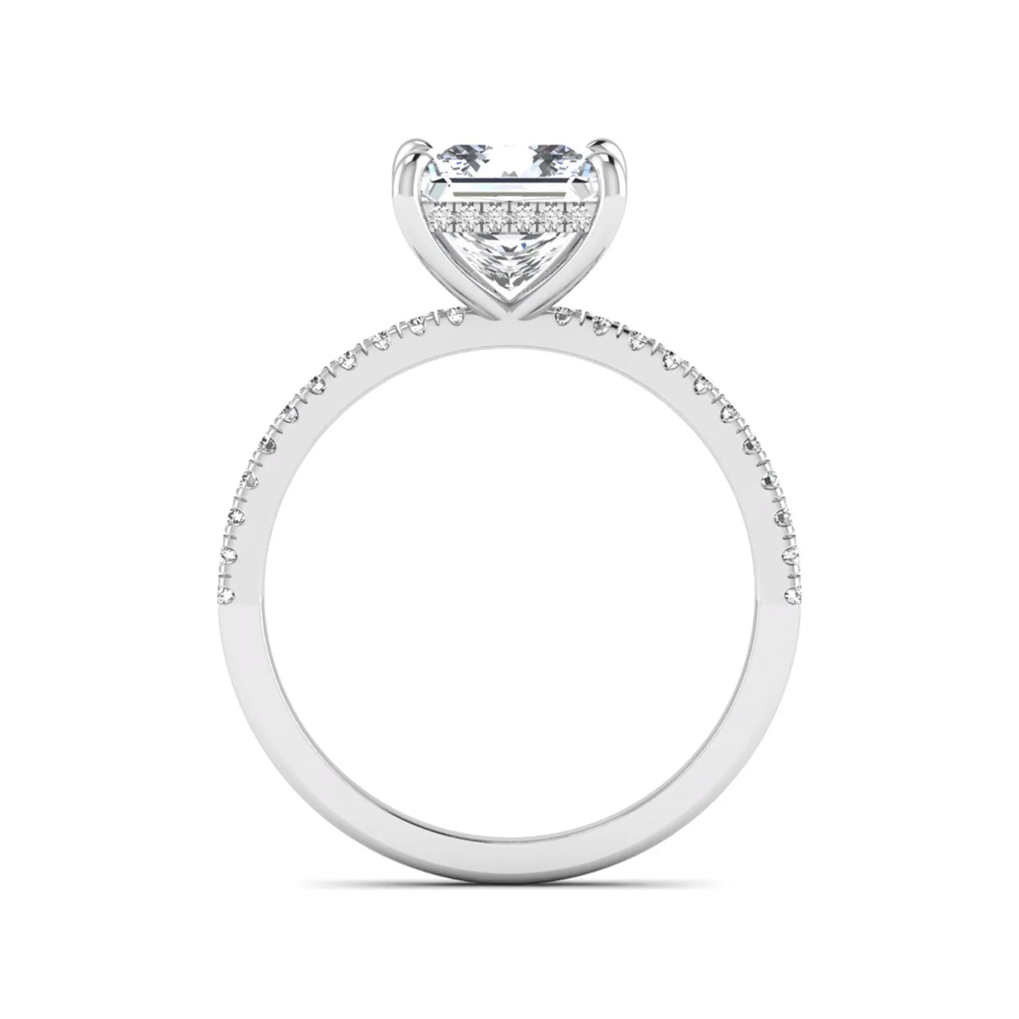 IGI Certified 2.01 carat princess cut lab grown diamond hidden halo engagement ring with pavé diamond band in white gold.