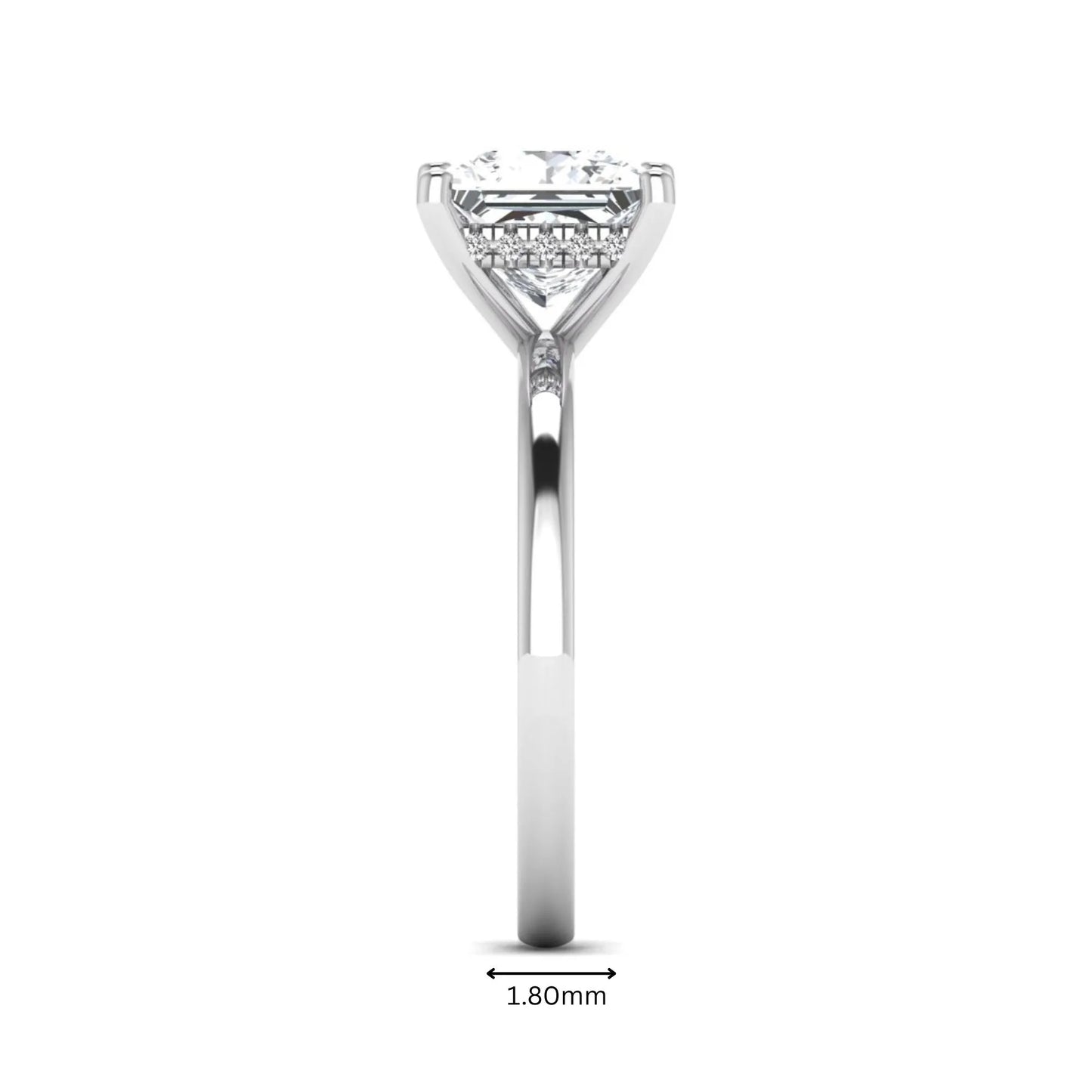 Princess cut lab grown diamond hidden halo solitaire engagement ring with four-prong setting and white gold tone band.