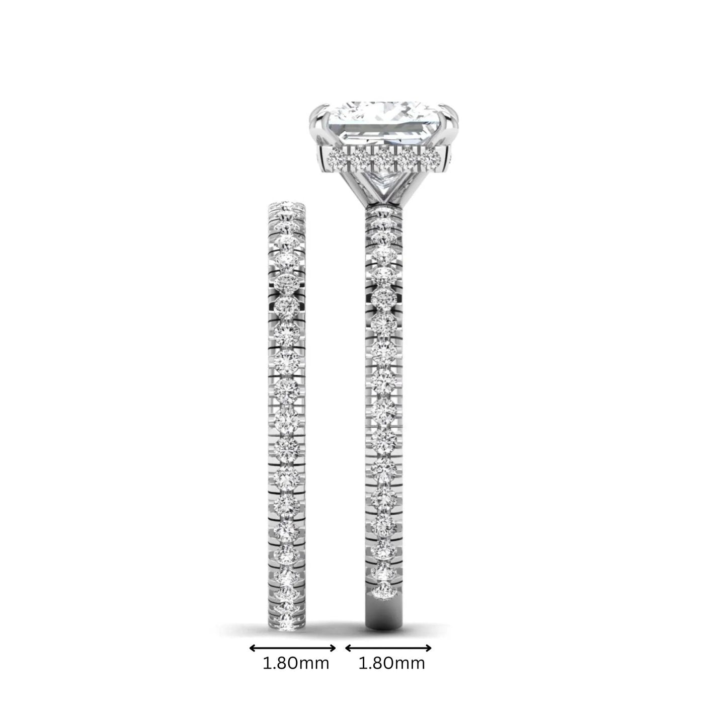 Princess cut lab grown diamond bridal ring set featuring a 1.96 carat IGI certified center diamond, hidden halo engagement ring, and matching round diamond eternity wedding band in white gold.