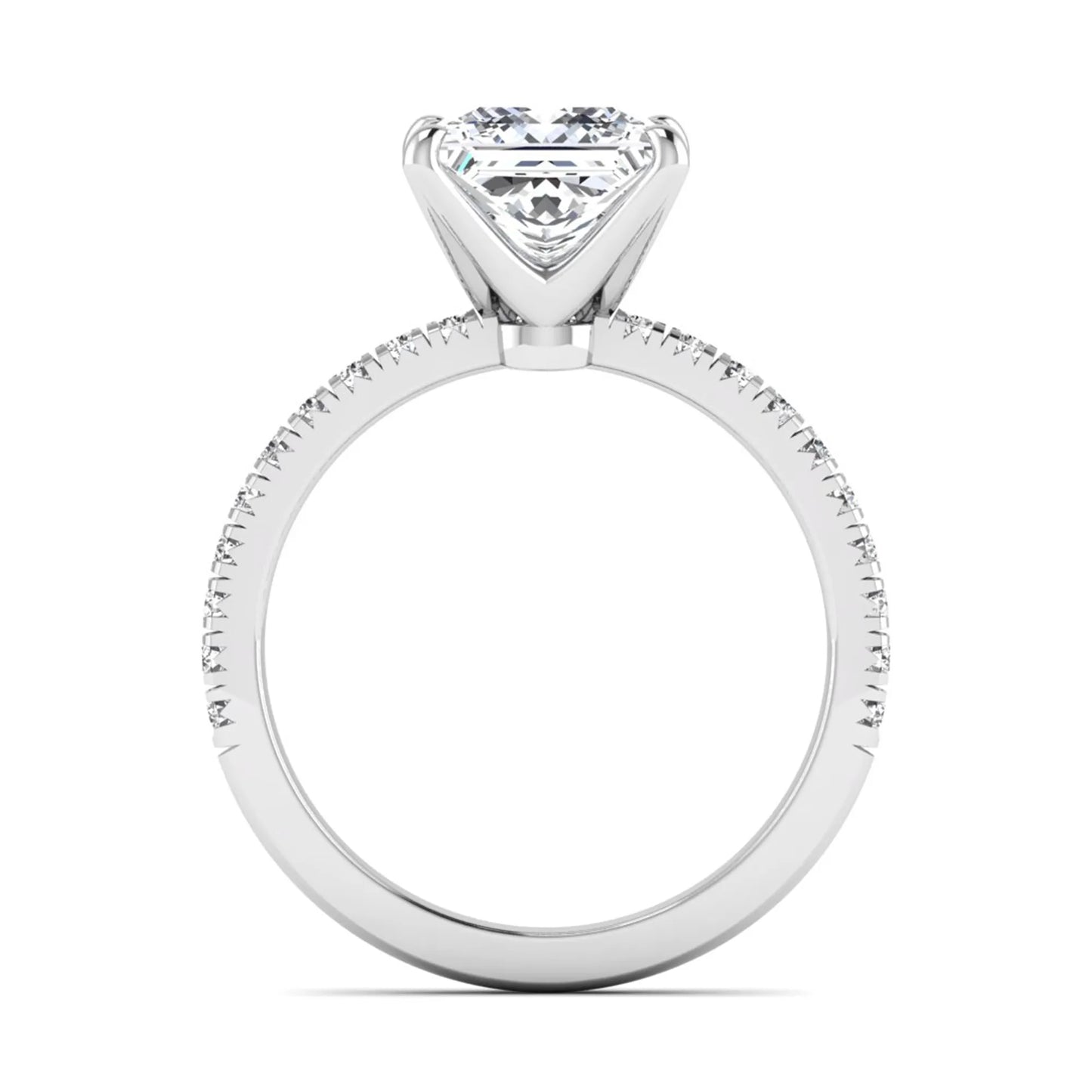 Princess cut lab grown diamond pavé engagement ring featuring a 3.01 carat IGI certified center diamond in white gold.