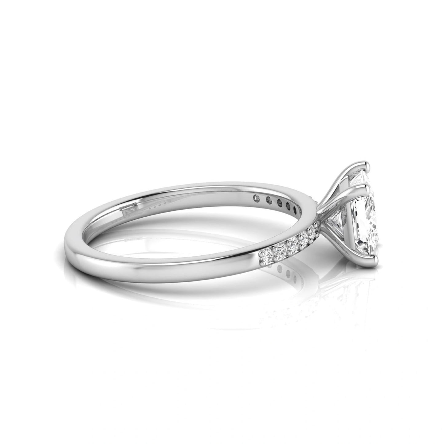 Princess cut lab grown diamond side stone engagement ring featuring a 1.24 carat IGI certified princess cut diamond with pavé round side diamonds in a white gold setting.