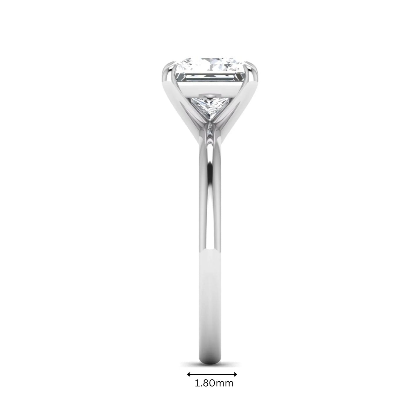 Princess cut lab grown diamond solitaire engagement ring with four-prong setting and white gold tone band.