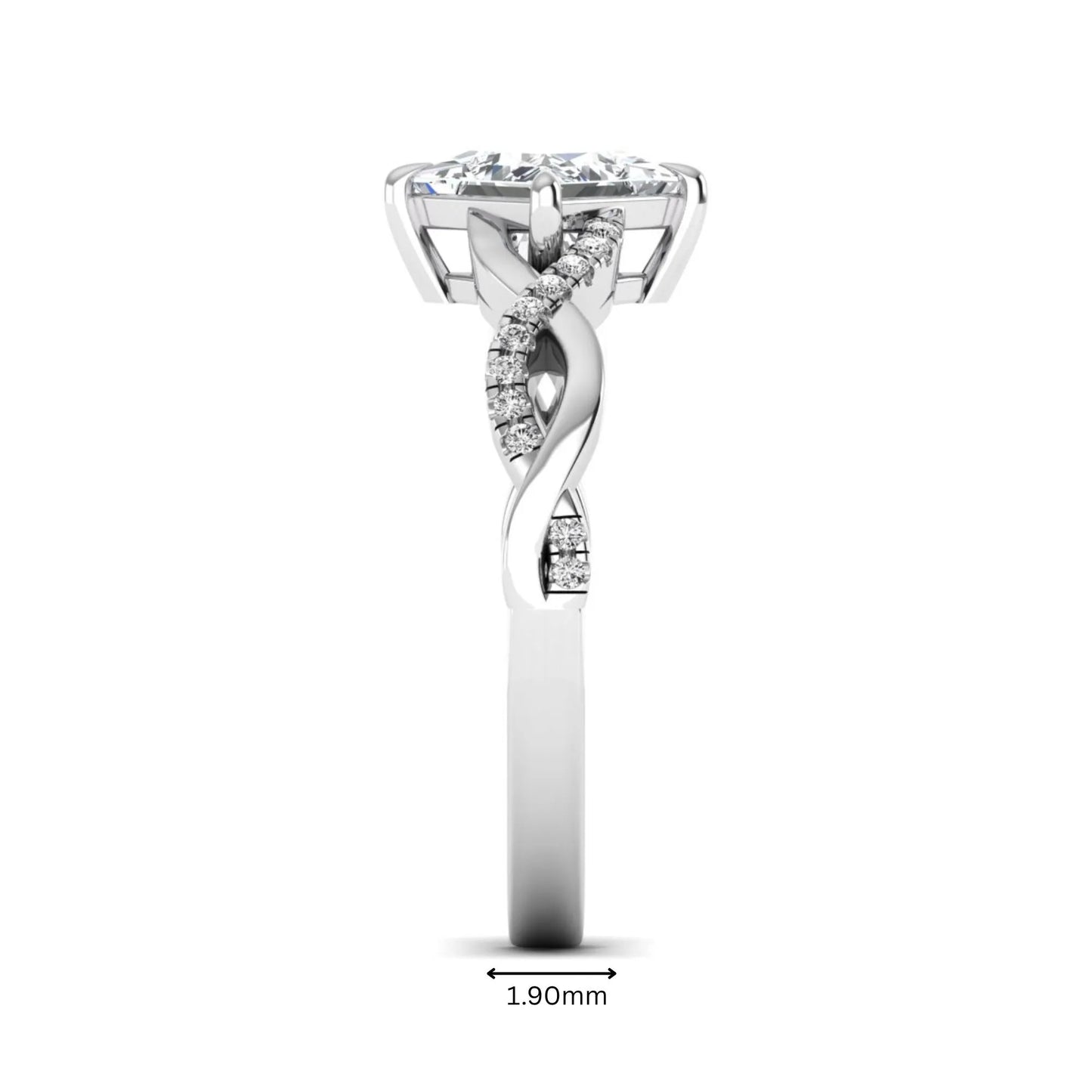 IGI Certified 0.99 carat princess cut lab grown diamond twist engagement ring with pavé round accent diamonds in white gold.