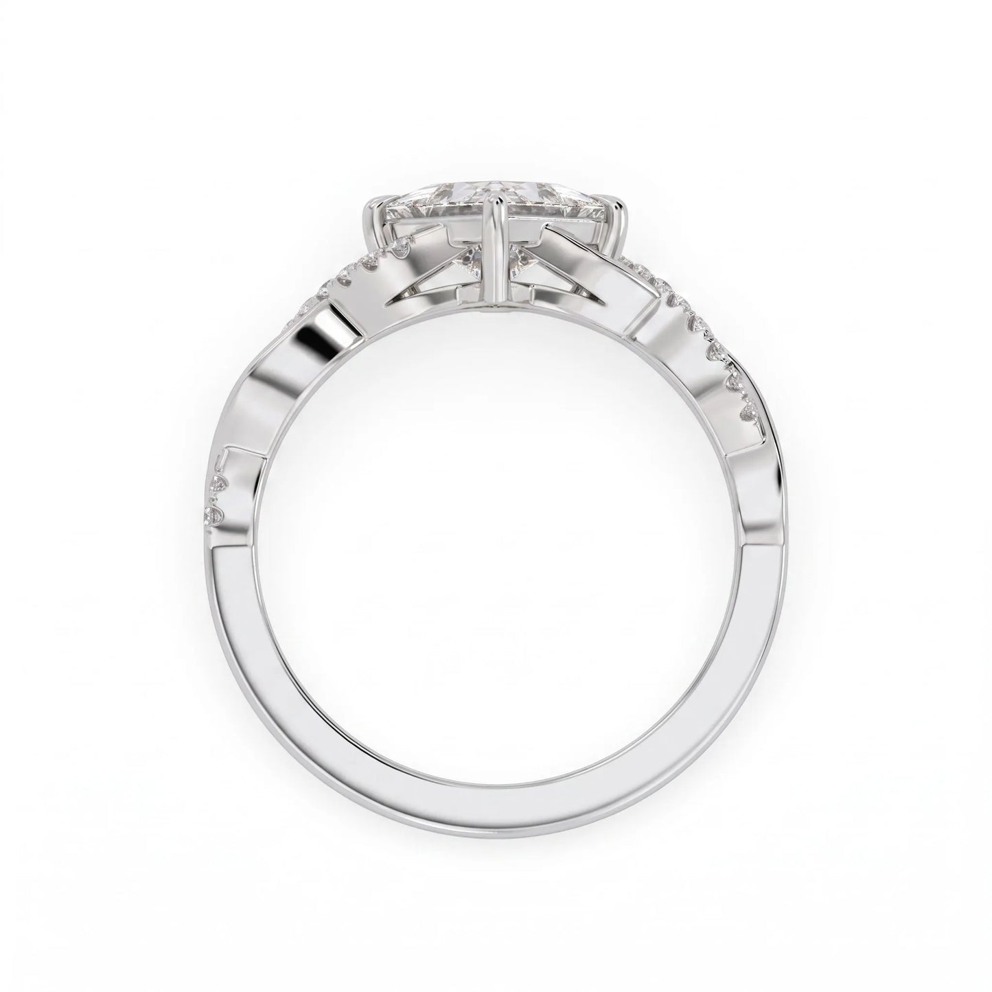 IGI Certified 0.99 carat princess cut lab grown diamond twist engagement ring with pavé round accent diamonds in white gold.