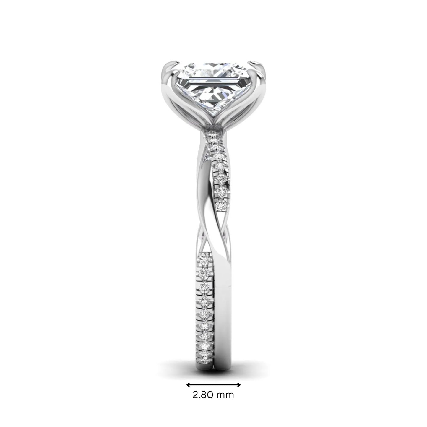 Princess cut lab grown diamond engagement ring with twisted shank and round accent diamonds in white gold featuring a 1.96 carat IGI certified center diamond.