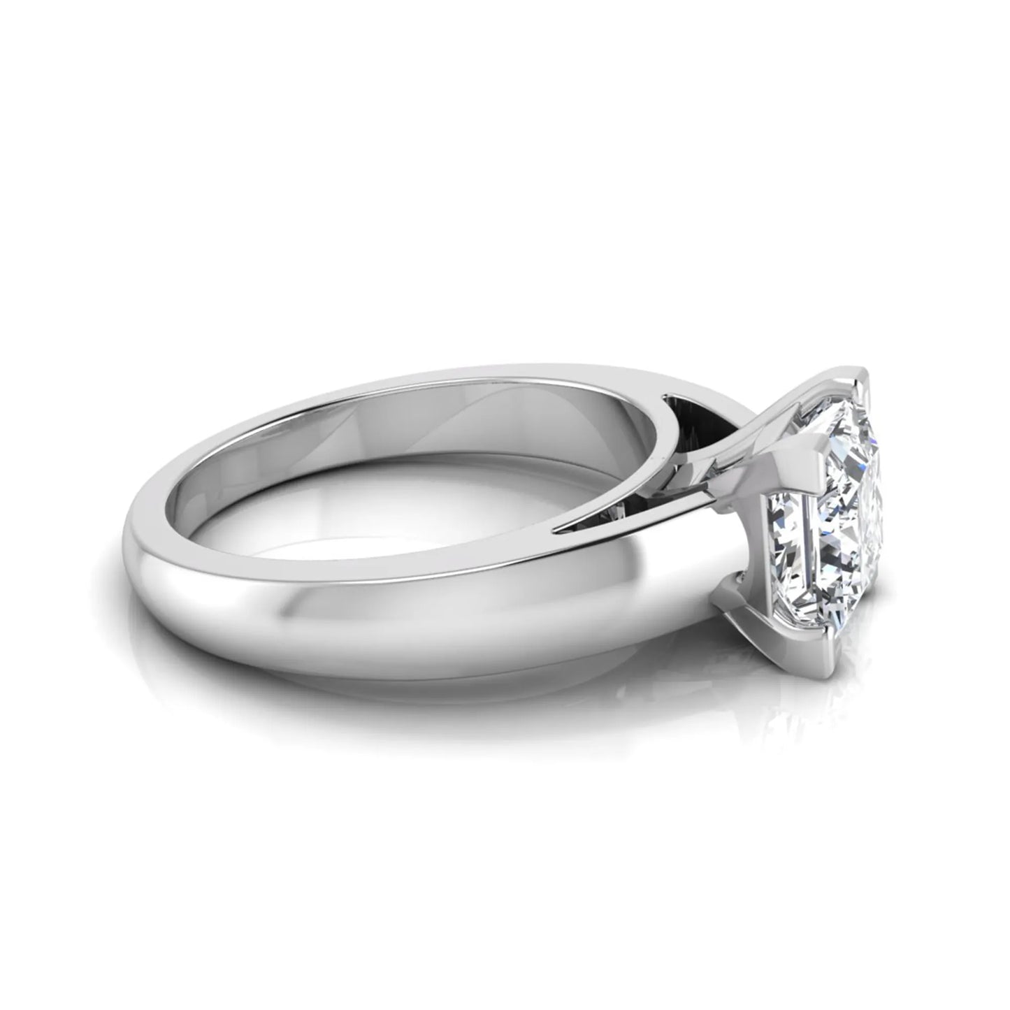 Princess cut four prong lab grown diamond solitaire engagement ring with a white gold tone band featuring an IGI certified center diamond.