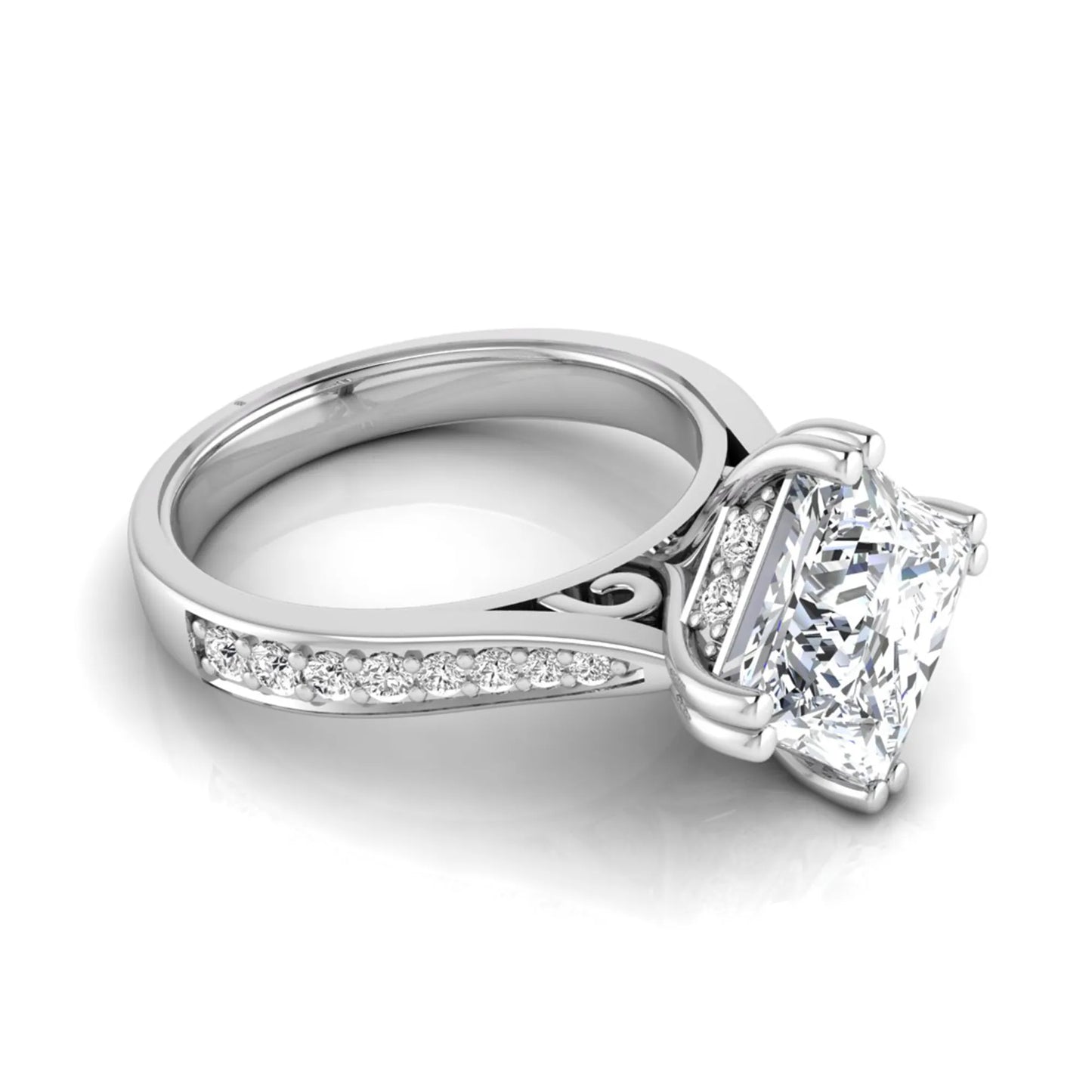 Princess cut lab grown diamond engagement ring featuring a 3.01 carat center diamond in a four-prong solitaire setting with a pavé accent band and polished white gold tone finish.
