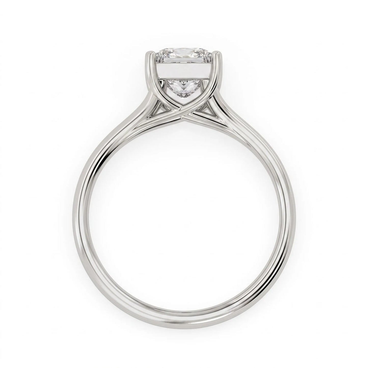 IGI Certified 1.25 carat princess cut lab grown diamond solitaire engagement ring with elegant split shank band in white gold.