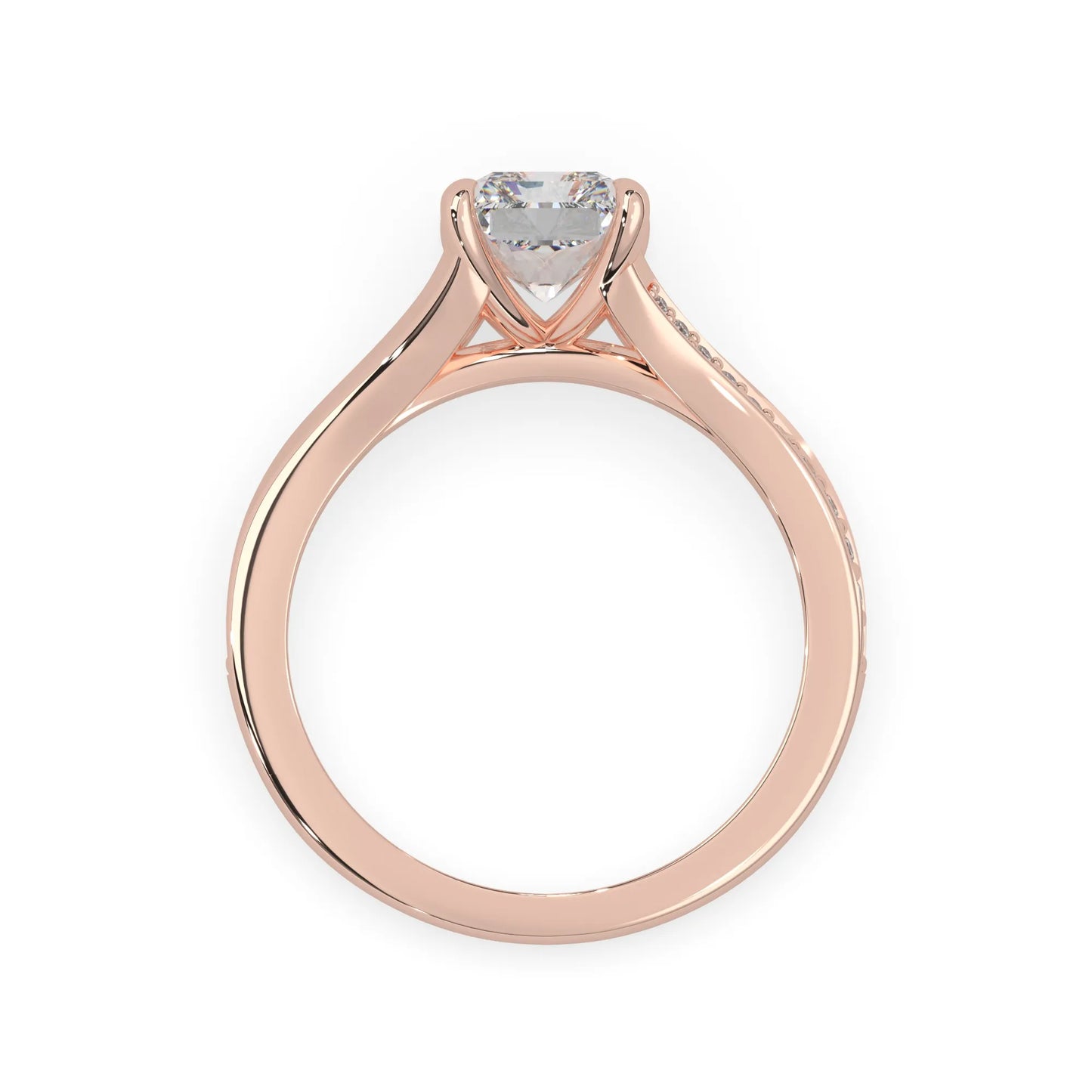 Rose gold ring with an emerald cut lab grown diamond and smaller diamonds on the band against a white background