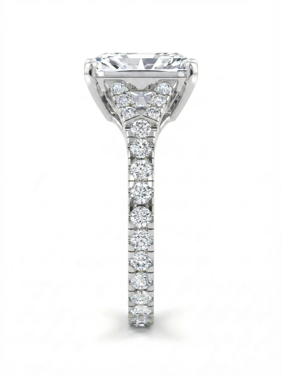 Radiant cut lab grown diamond split shank engagement ring with round accent diamonds in white gold