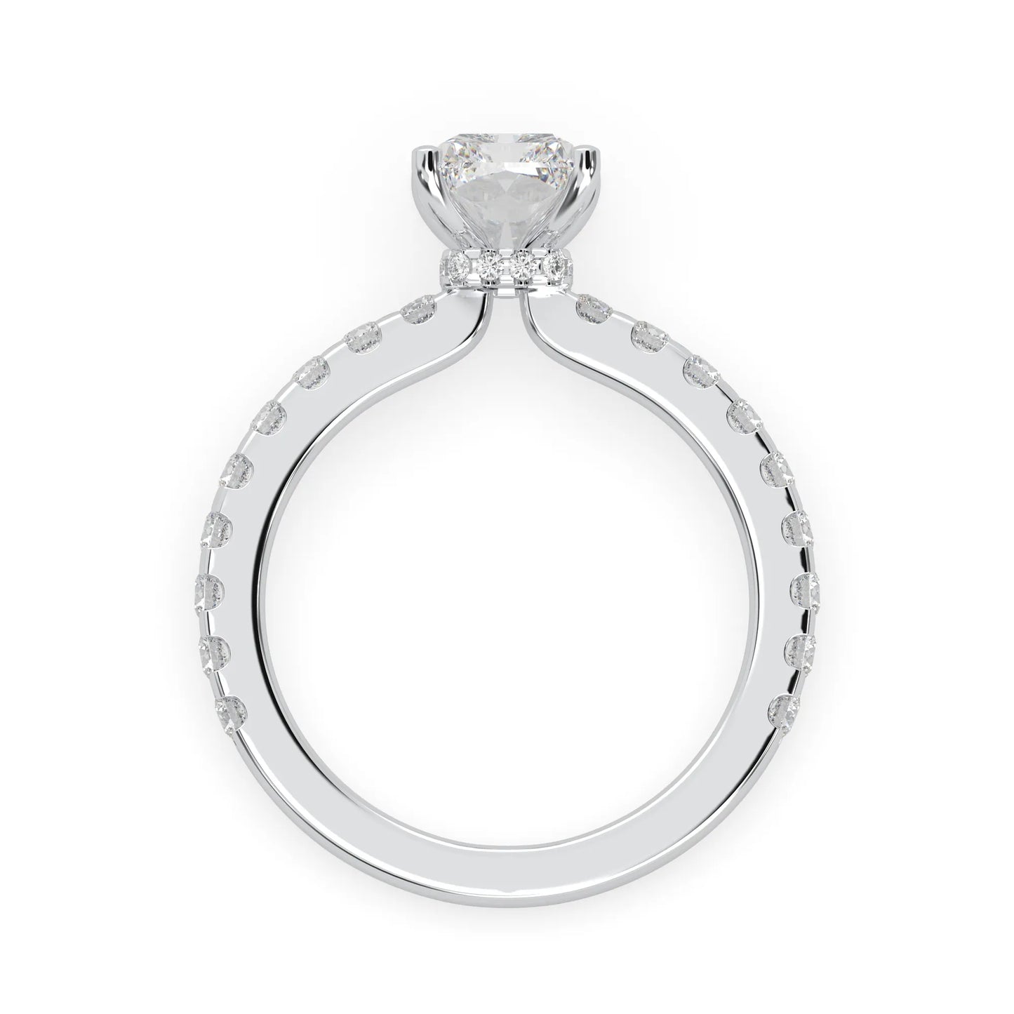 Radiant cut lab grown diamond hidden halo engagement ring featuring a four prong setting with pavé round diamond band in white gold tone.