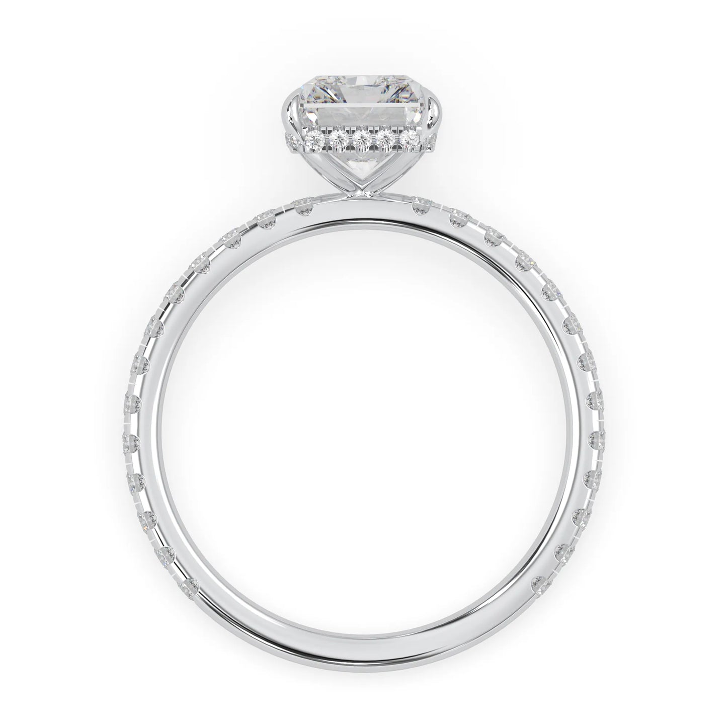 Radiant cut lab grown diamond hidden halo engagement ring featuring a four prong setting, pavé round diamonds, and white gold tone design.