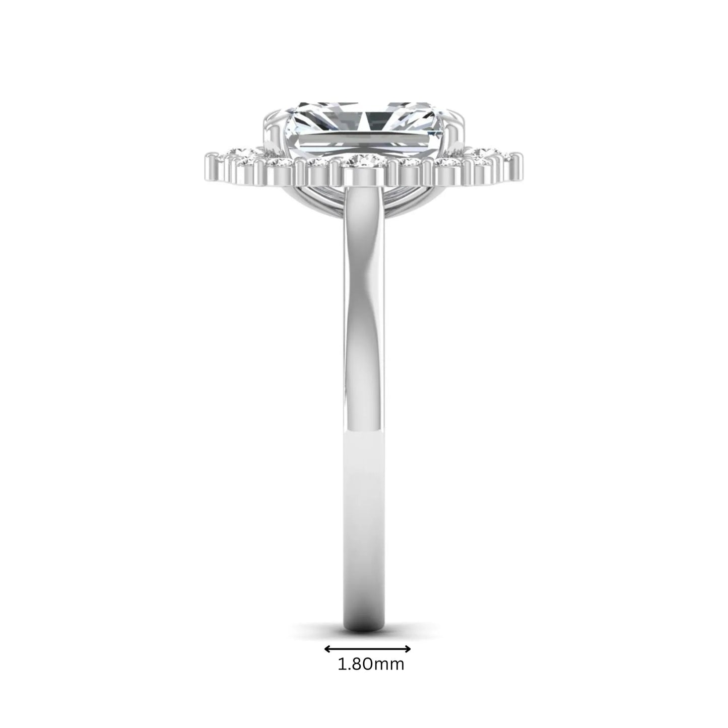 IGI Certified 2.62 carat radiant cut lab grown diamond halo engagement ring with round accent diamonds in white gold.