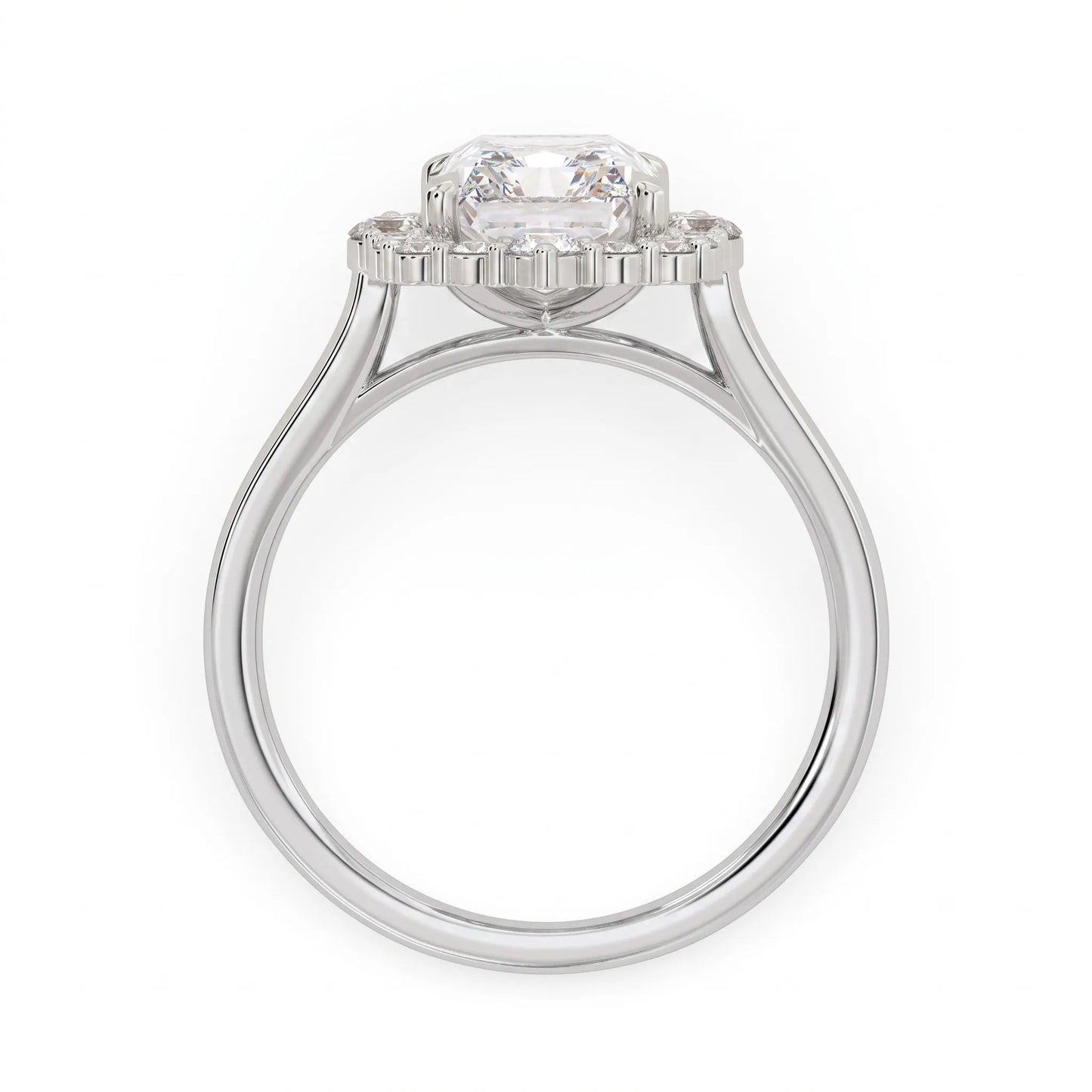 IGI Certified 2.62 carat radiant cut lab grown diamond halo engagement ring with round accent diamonds in white gold.