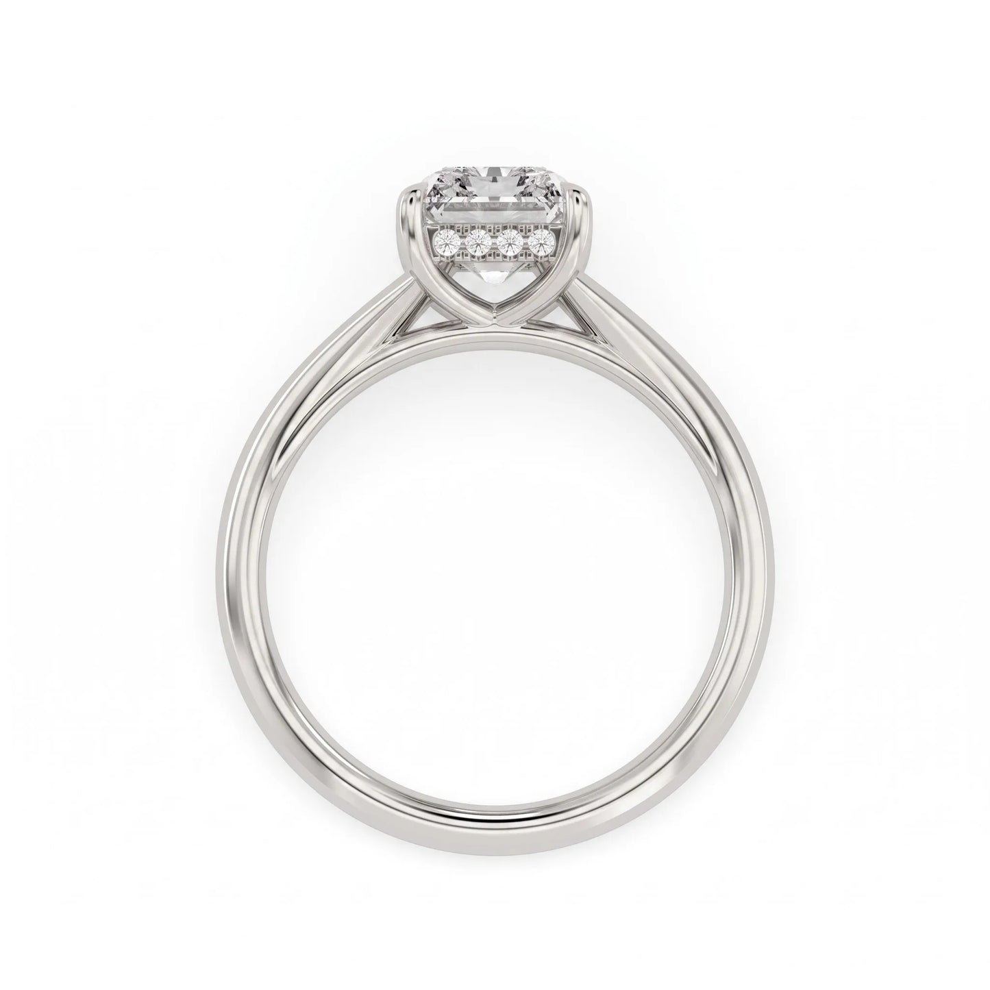 IGI Certified 1.74 carat radiant cut lab grown diamond hidden halo engagement ring with round accent diamonds in white gold.