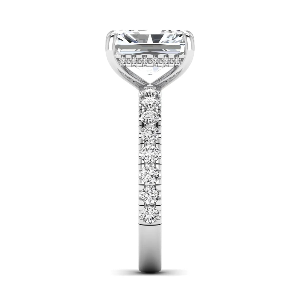 Radiant Hidden Halo Lab Grown Diamond Engagement Ring featuring a 10.00 × 8.00 mm radiant-cut center diamond with a hidden halo, pavé diamond band, and four-prong setting in white gold