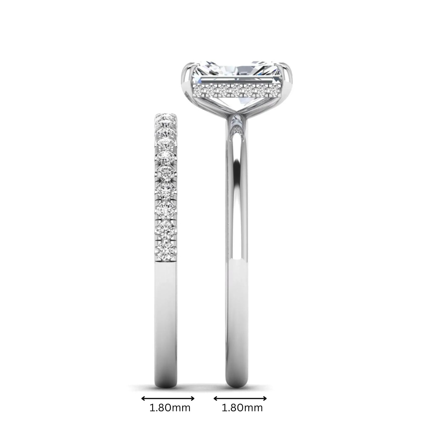 Radiant cut lab grown diamond hidden halo engagement ring with pavé matching wedding band in a white gold setting