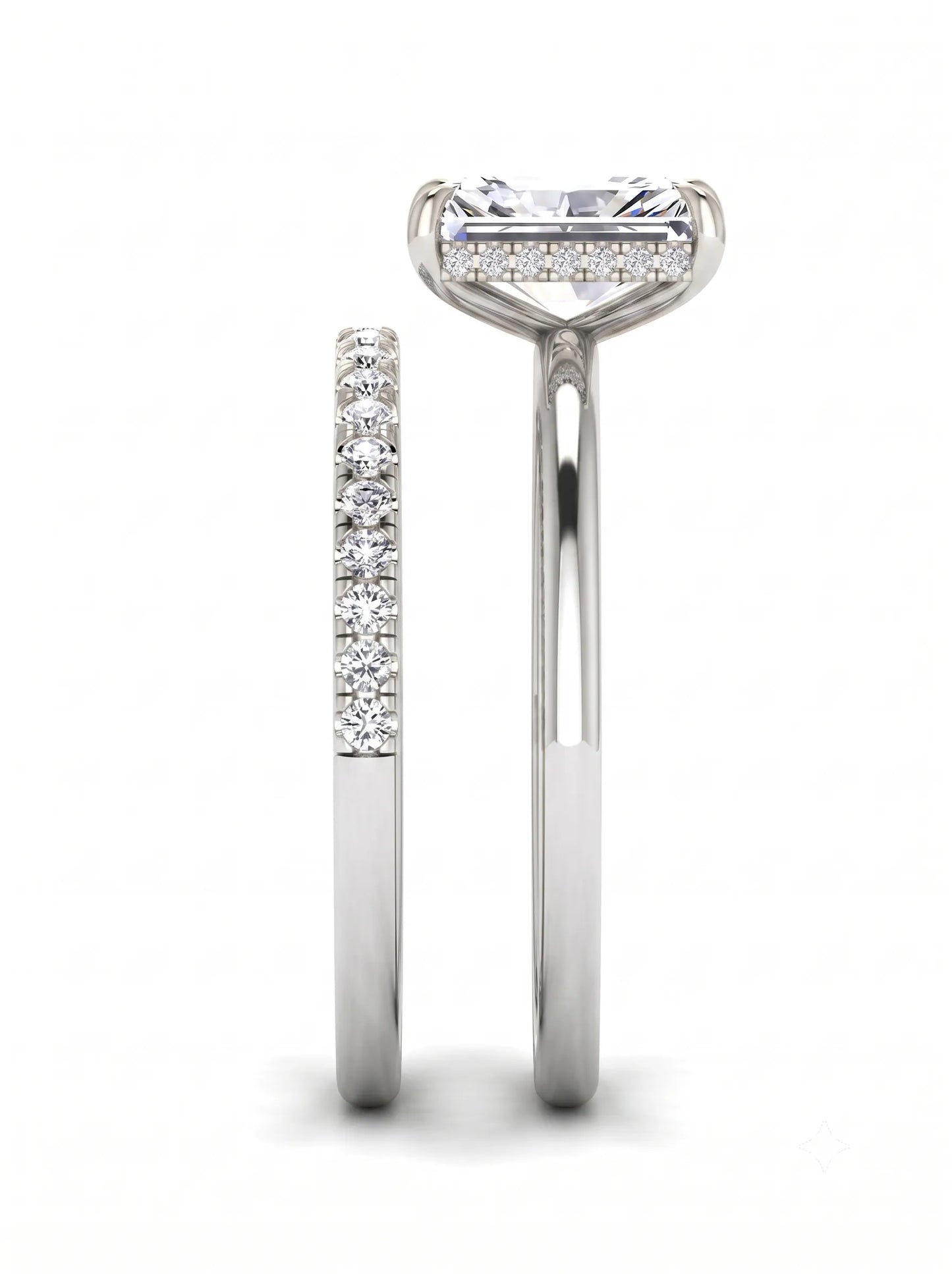 Radiant cut lab grown diamond hidden halo engagement ring with pavé matching wedding band in a white gold setting
